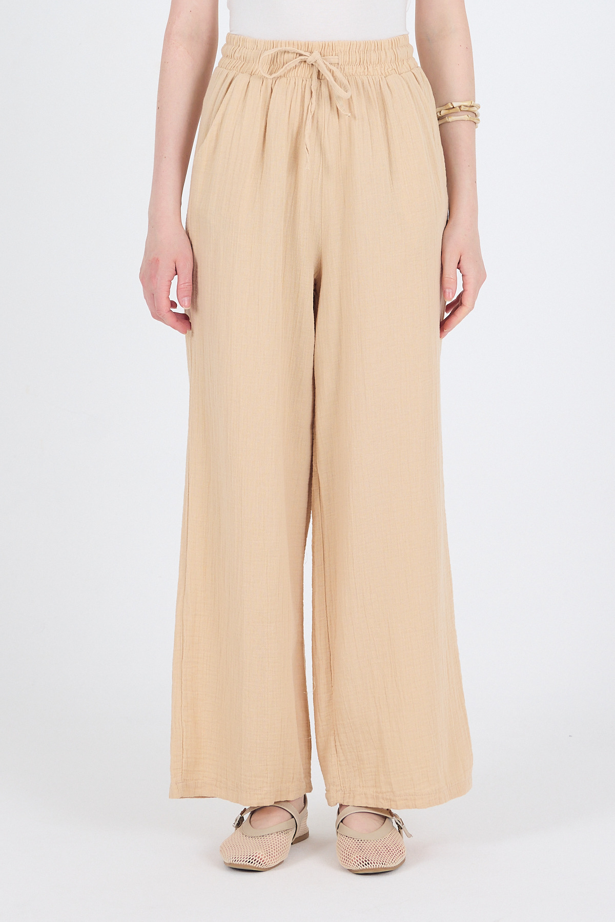 Bej %100 Pamuk Müslin Palazzo/Bol Paça Pantolon 8056A - 5