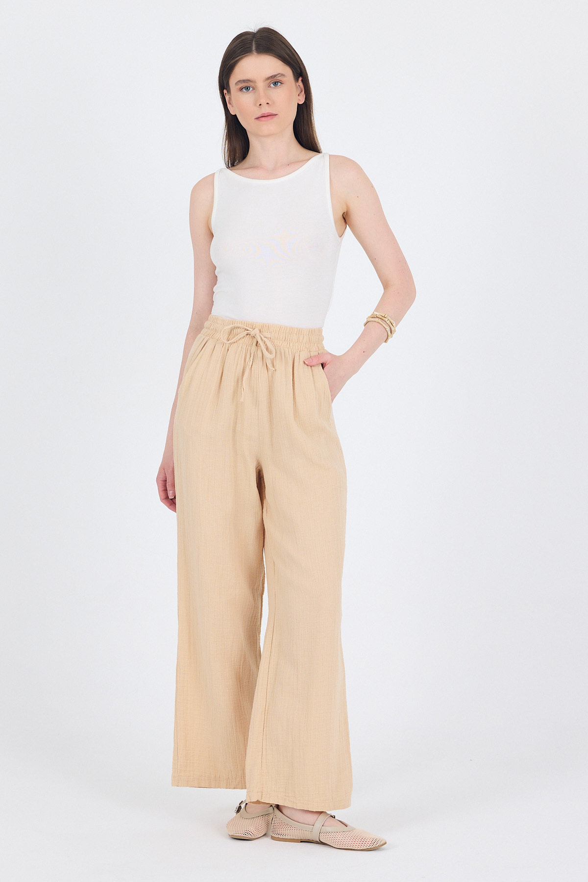 Bej %100 Pamuk Müslin Palazzo/Bol Paça Pantolon 8056A - 1