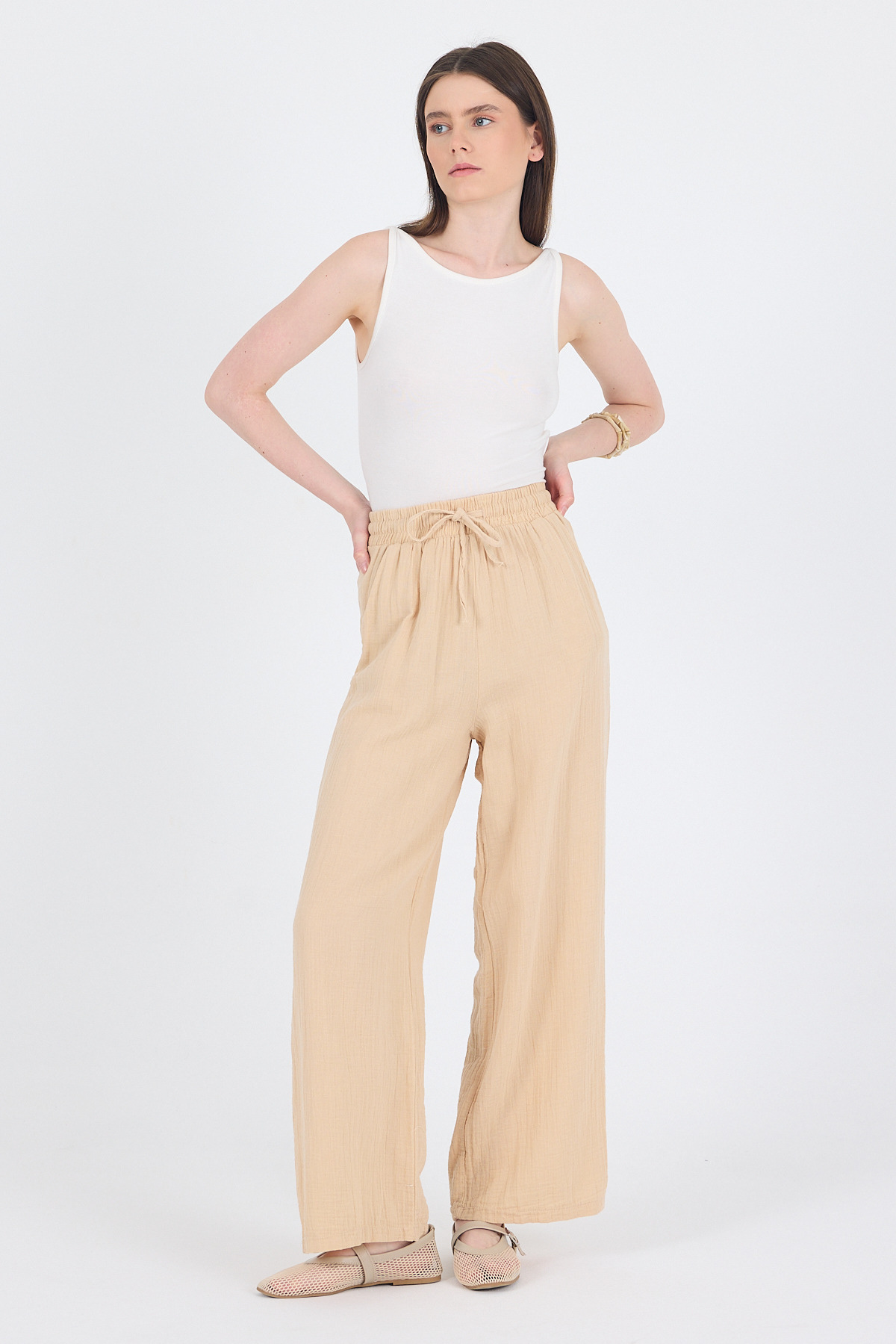 Bej %100 Pamuk Müslin Palazzo/Bol Paça Pantolon 8056A - 7