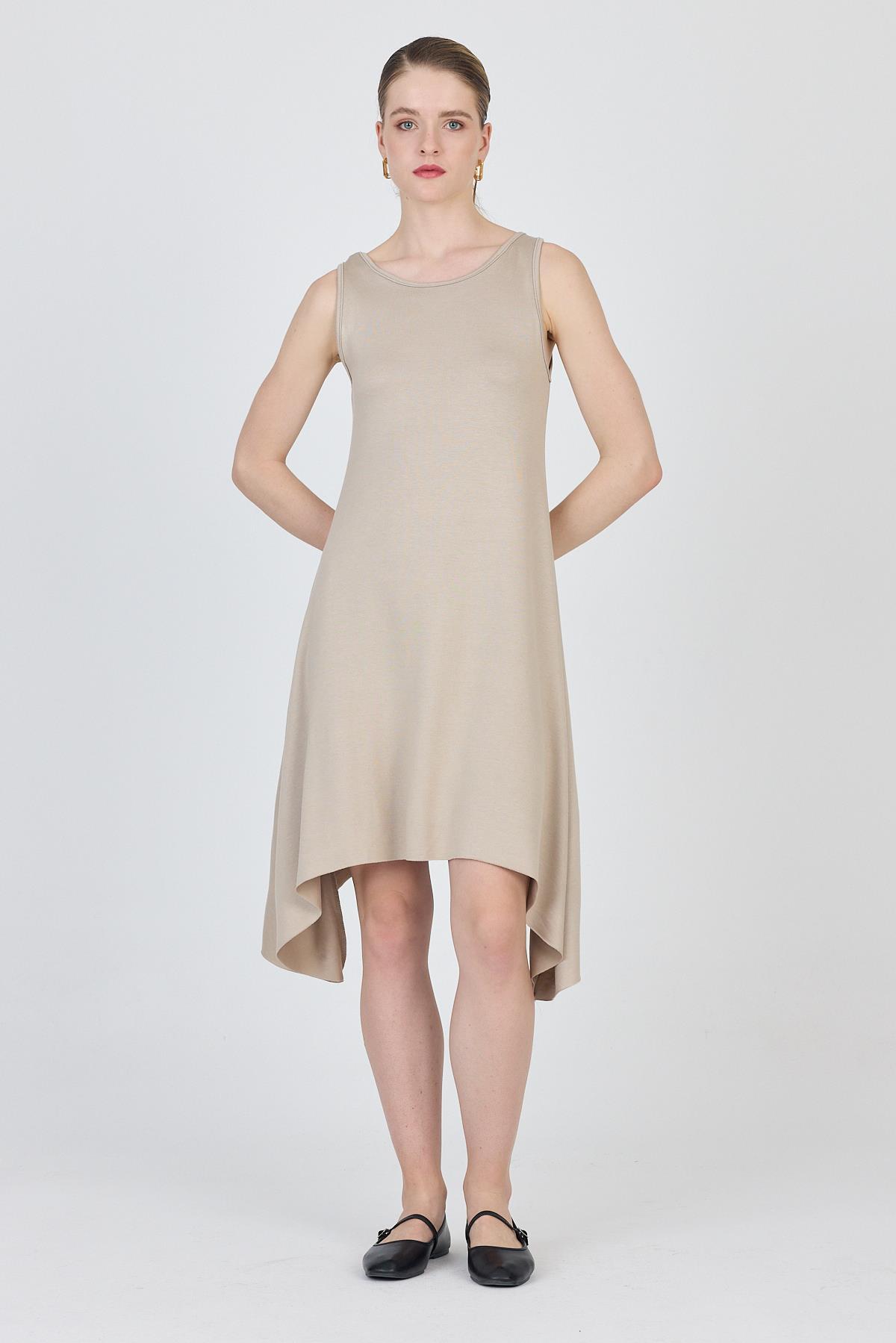 Bej Asimetrik Kesim Kolsuz Elbise 4034 - 2