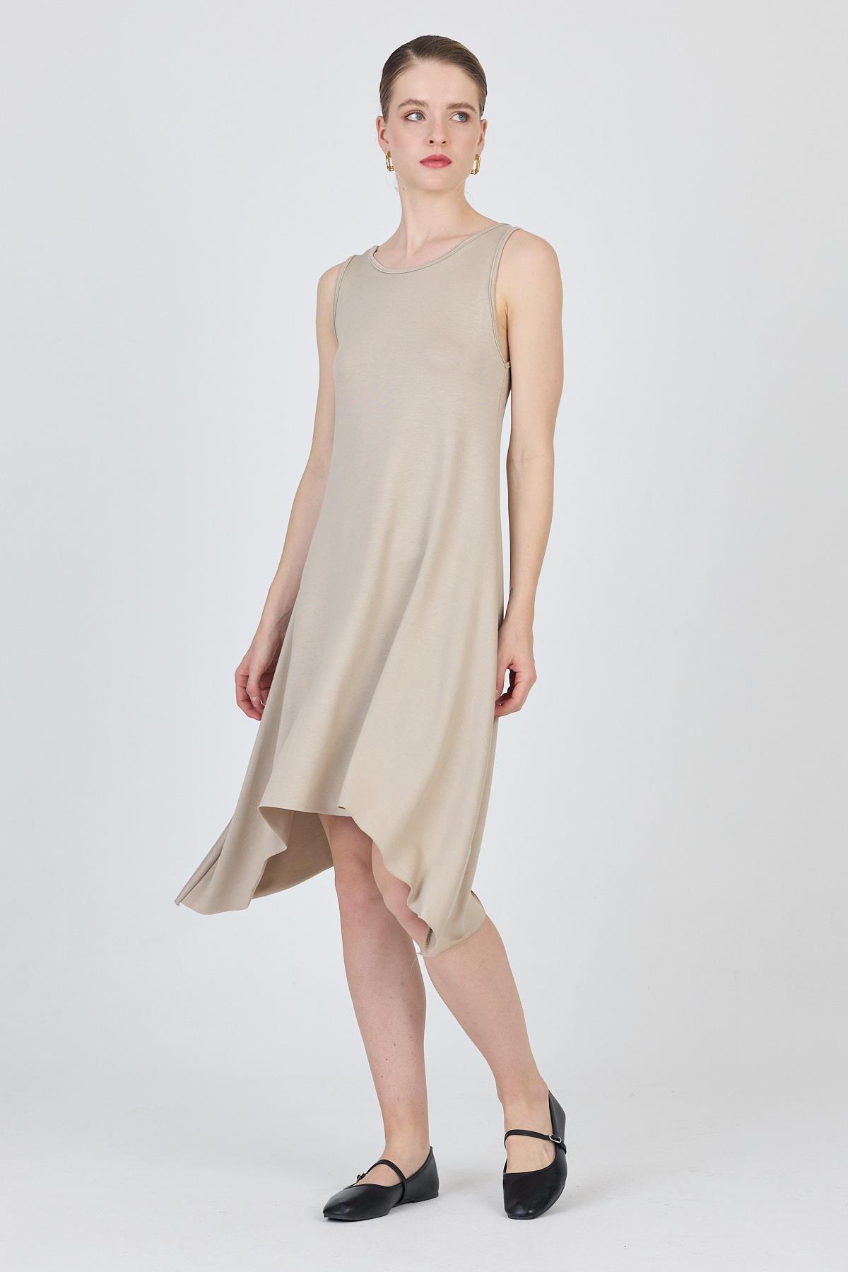 Bej Asimetrik Kesim Kolsuz Elbise 4034 - RAYS