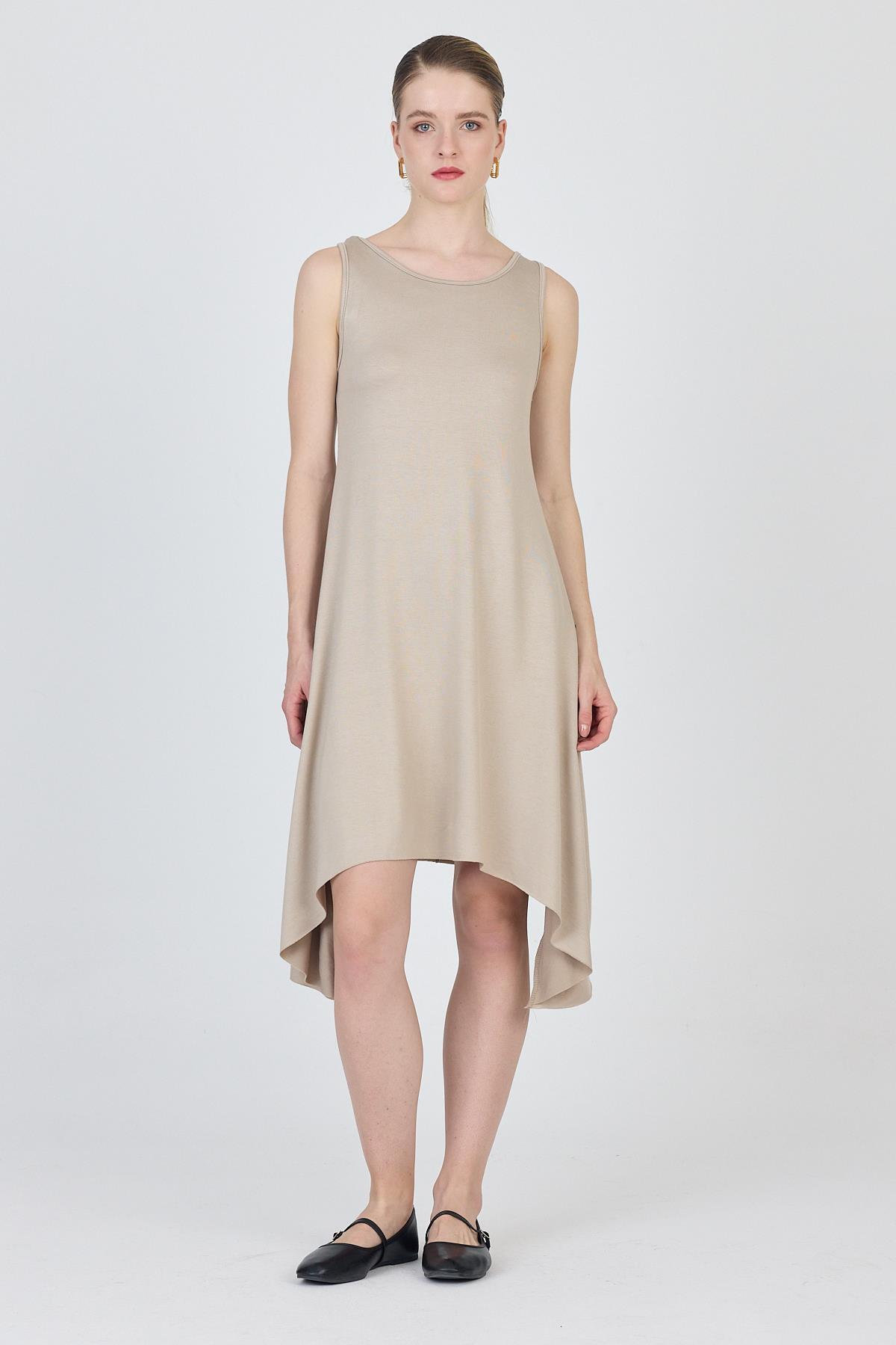 Bej Asimetrik Kesim Kolsuz Elbise 4034 - 1