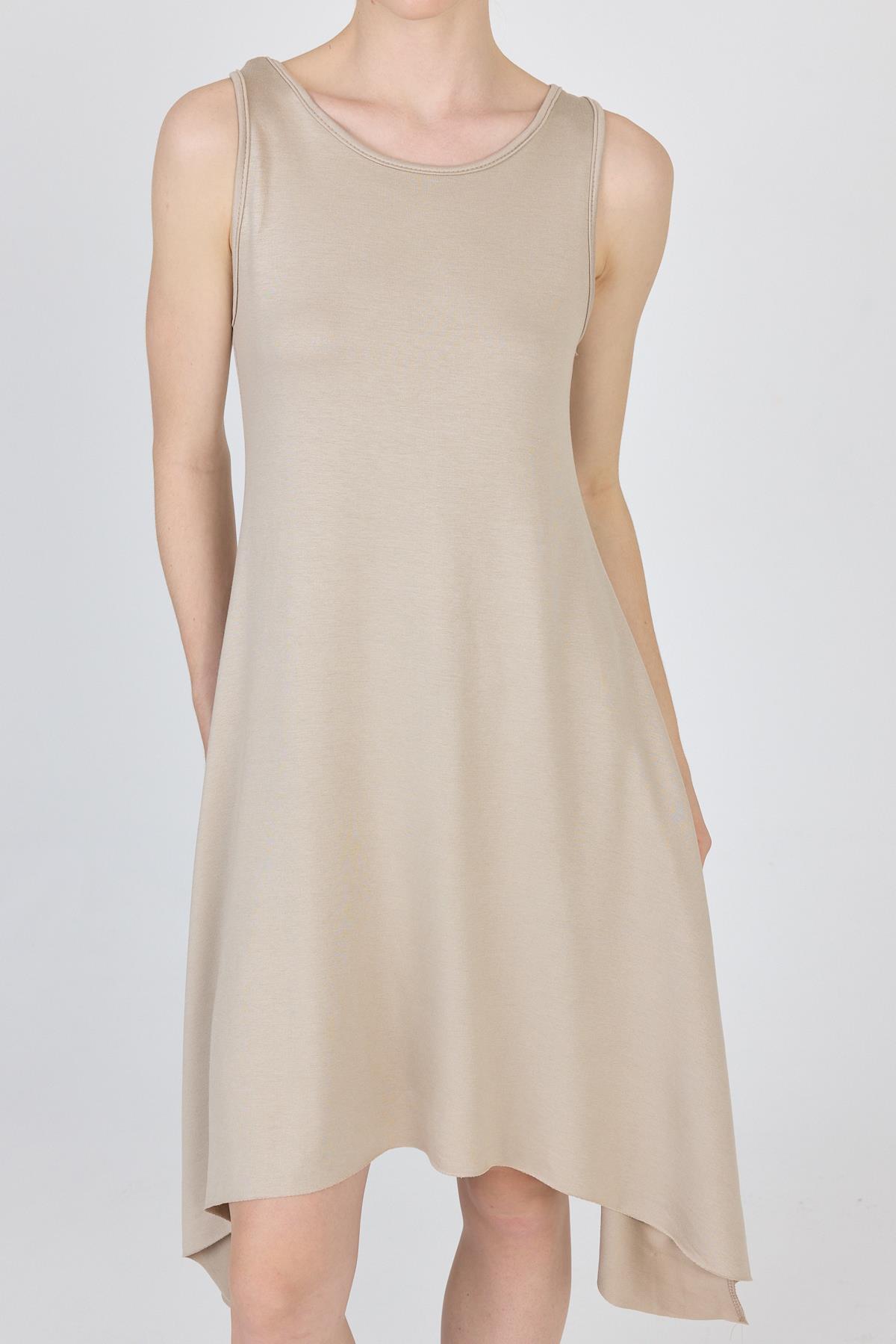 Bej Asimetrik Kesim Kolsuz Elbise 4034 - 6