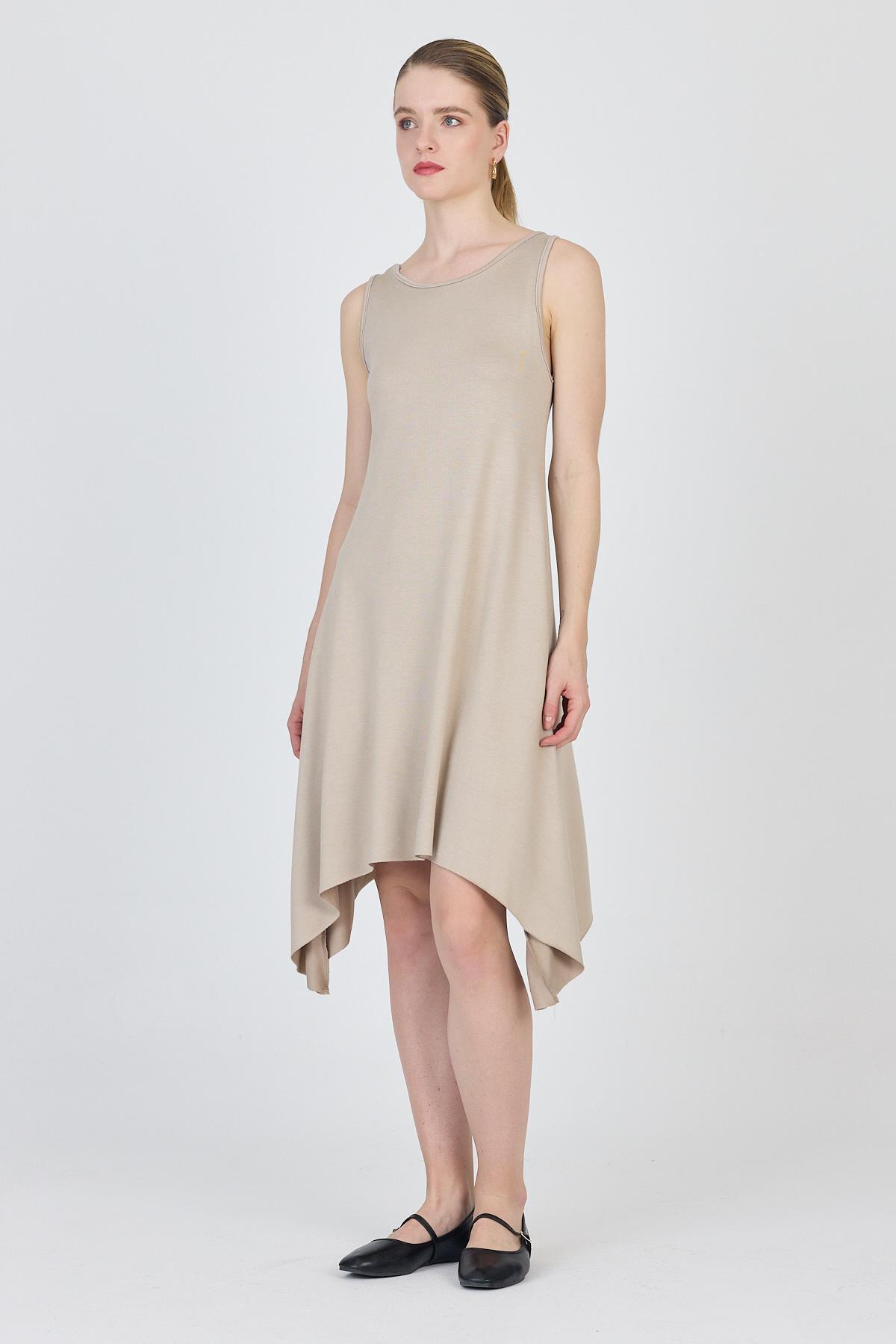 Bej Asimetrik Kesim Kolsuz Elbise 4034 - 7