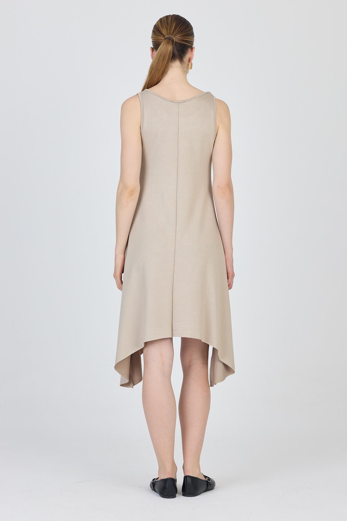 Bej Asimetrik Kesim Kolsuz Elbise 4034 - 5