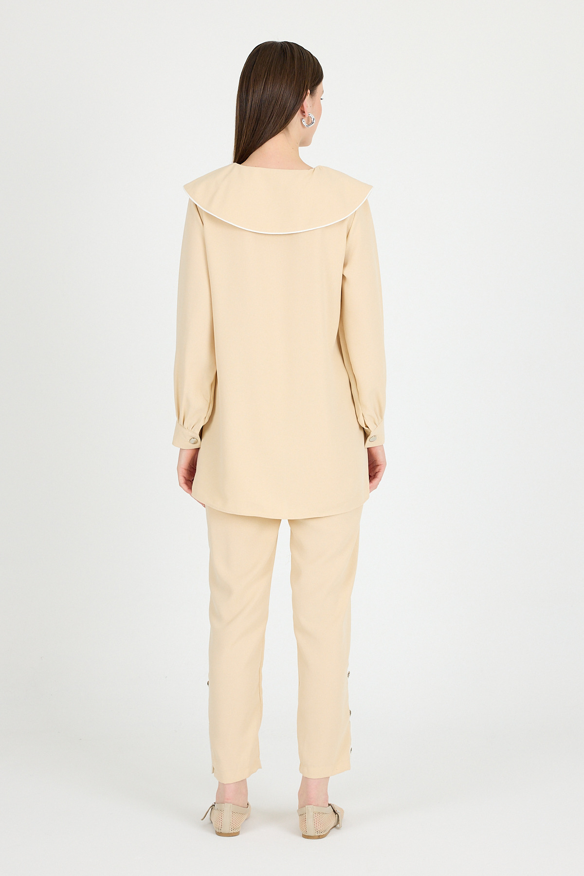Bej Bebe Yaka Düğmeli Tunik ve Yanı Şerit Detaylı Pantolon Takım 4661A - 5