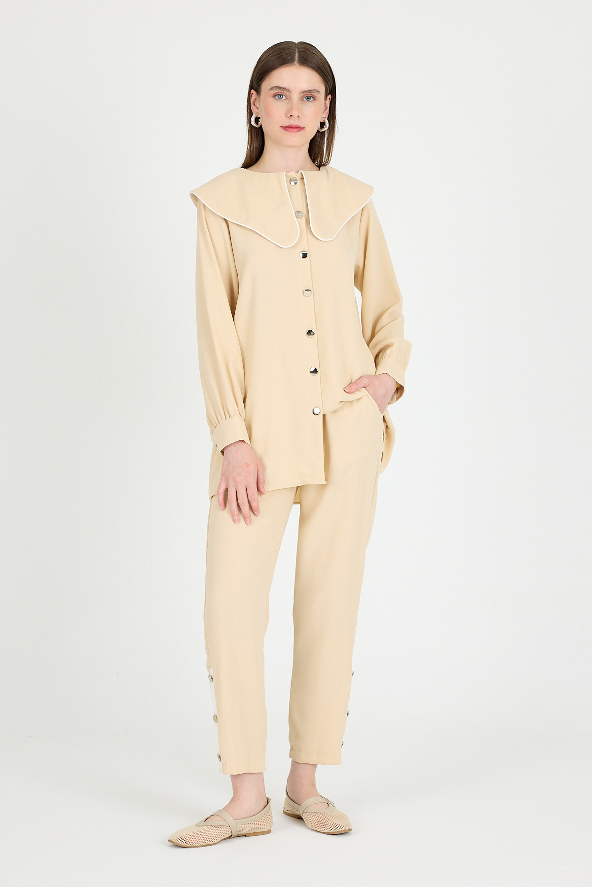 Bej Bebe Yaka Düğmeli Tunik ve Yanı Şerit Detaylı Pantolon Takım 4661A 