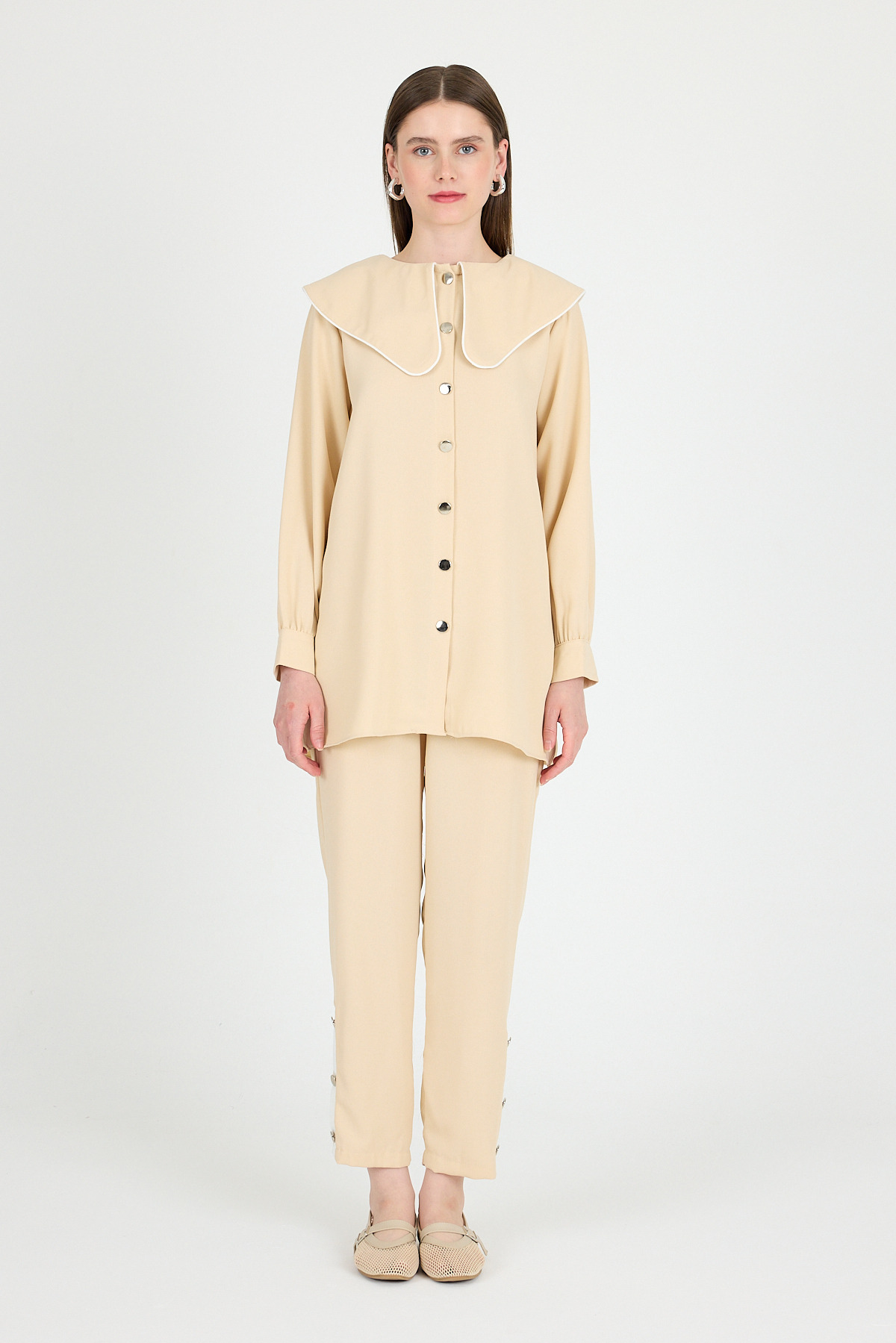 Bej Bebe Yaka Düğmeli Tunik ve Yanı Şerit Detaylı Pantolon Takım 4661A - 2