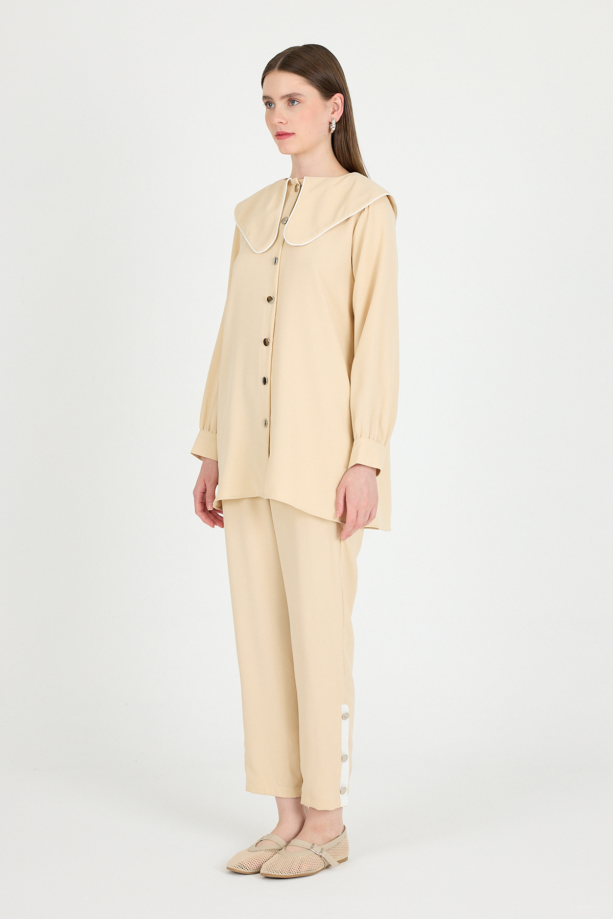 Bej Bebe Yaka Düğmeli Tunik ve Yanı Şerit Detaylı Pantolon Takım 4661A - 6