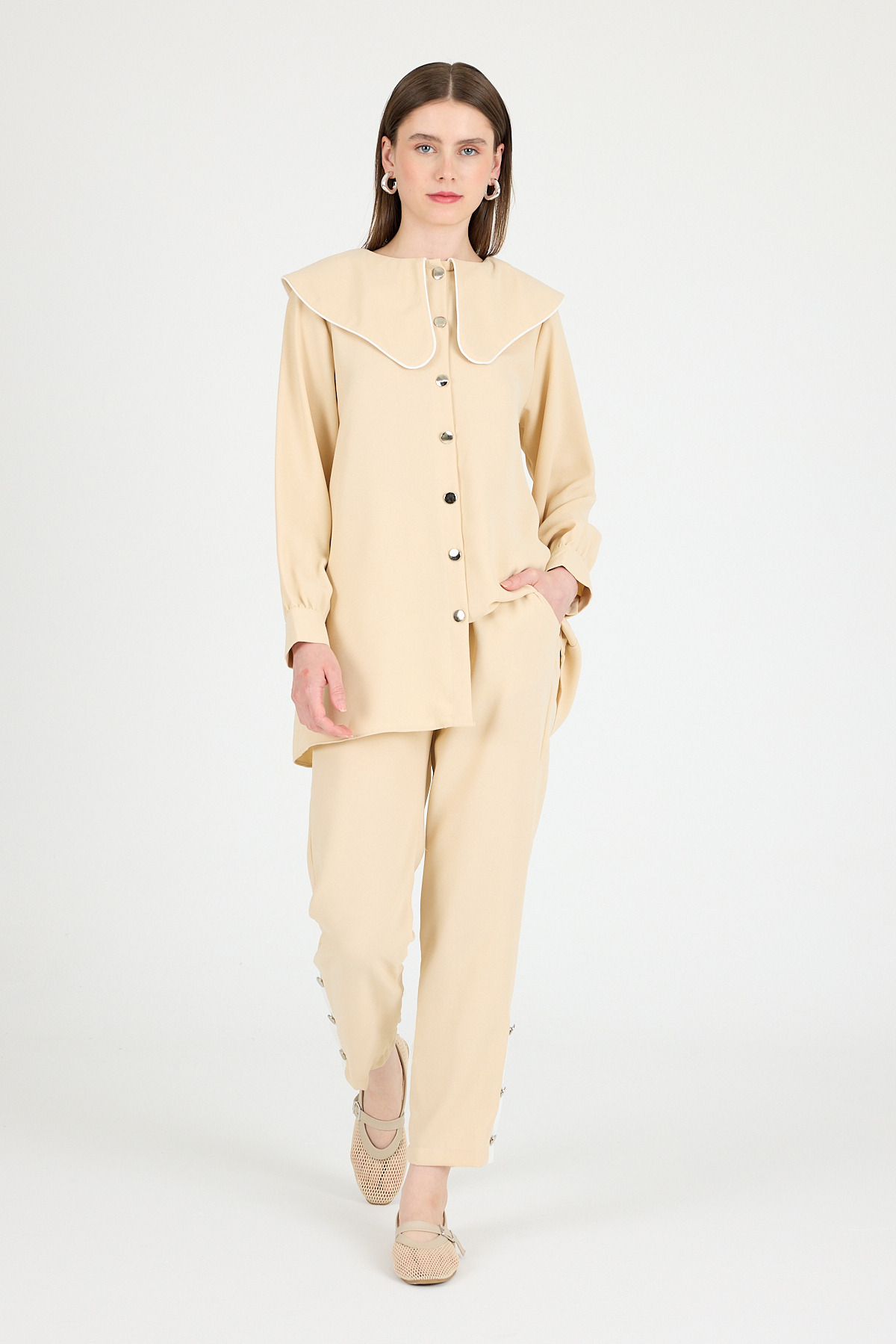 Bej Bebe Yaka Düğmeli Tunik ve Yanı Şerit Detaylı Pantolon Takım 4661A - 7