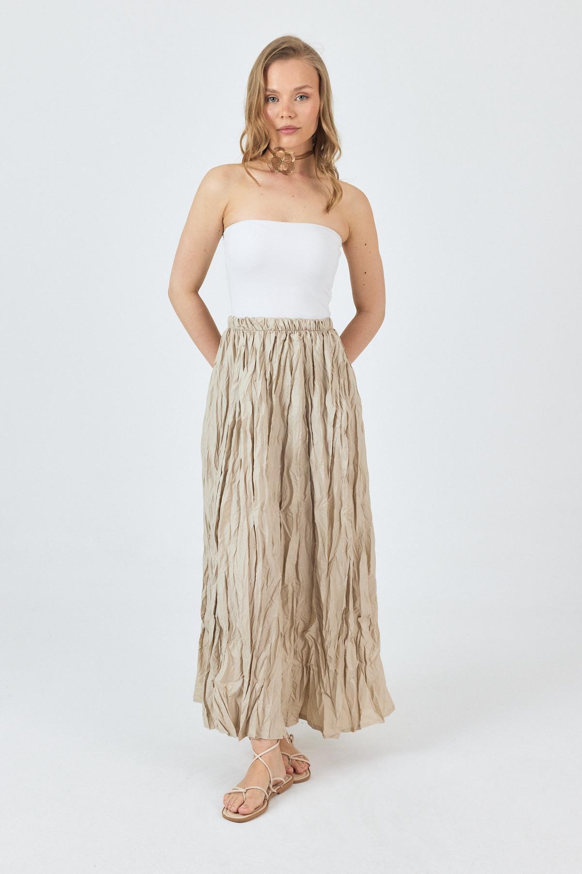 Bej Bel Lastikli Kırışık Kumaş Etek 3483 - 7