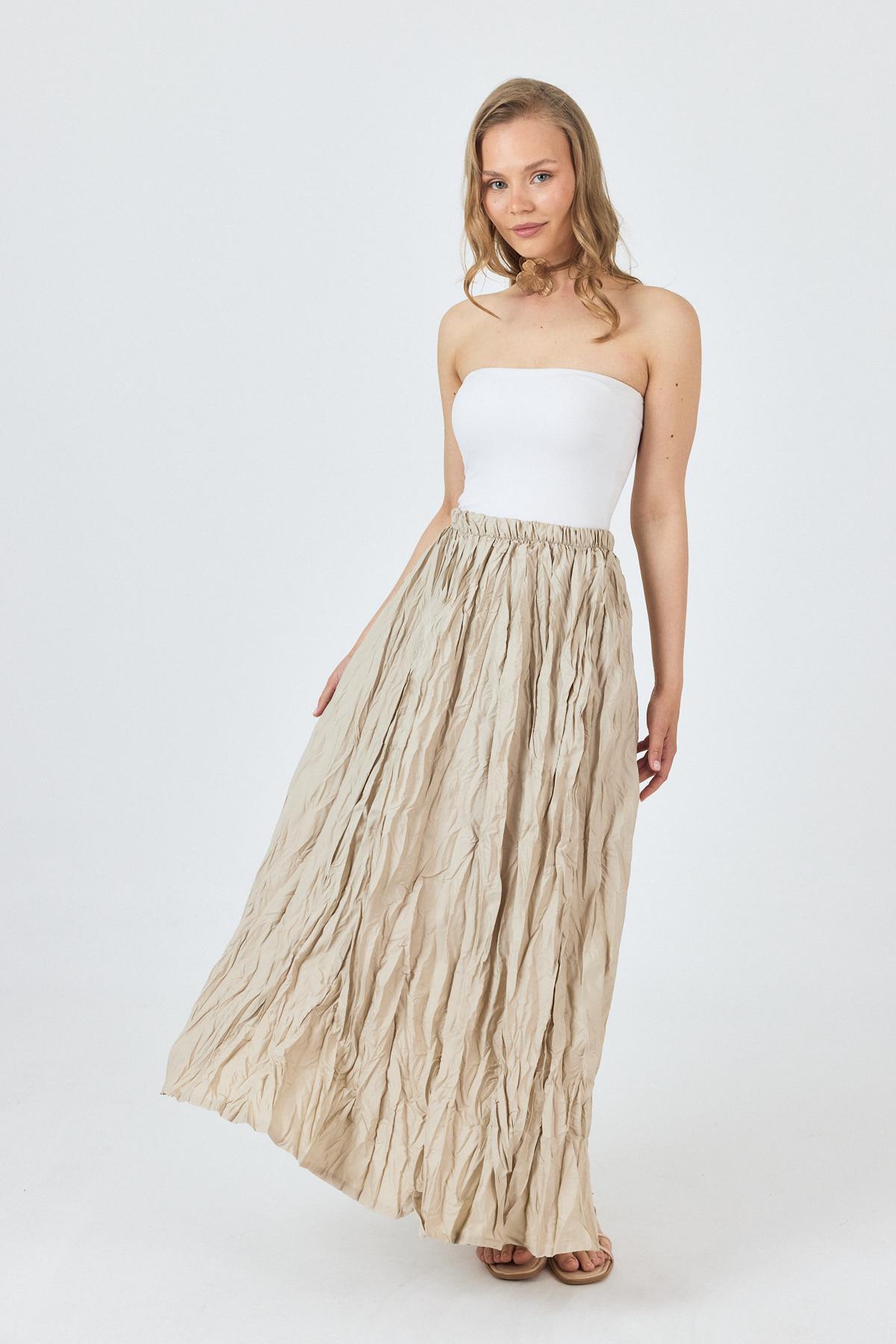 Bej Bel Lastikli Kırışık Kumaş Etek 3483 - RAYS