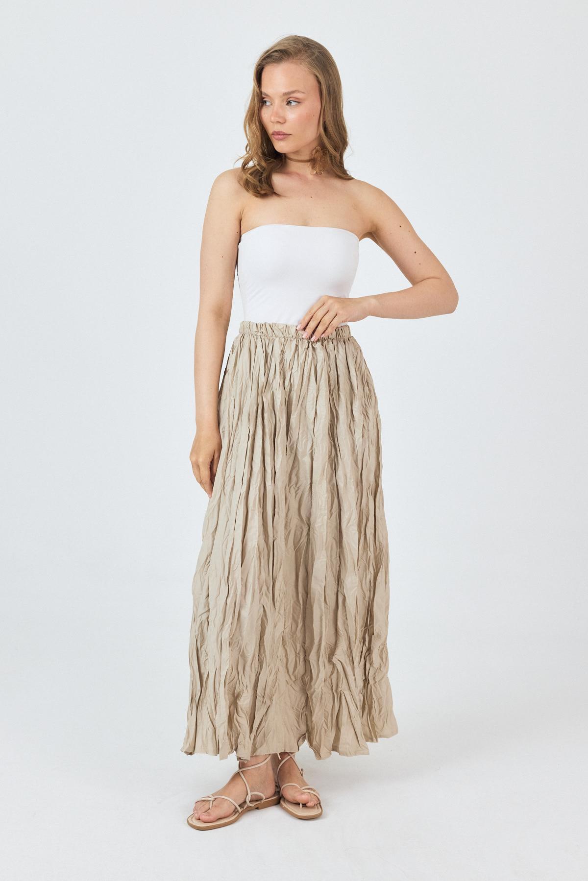 Bej Bel Lastikli Kırışık Kumaş Etek 3483 - RAYS