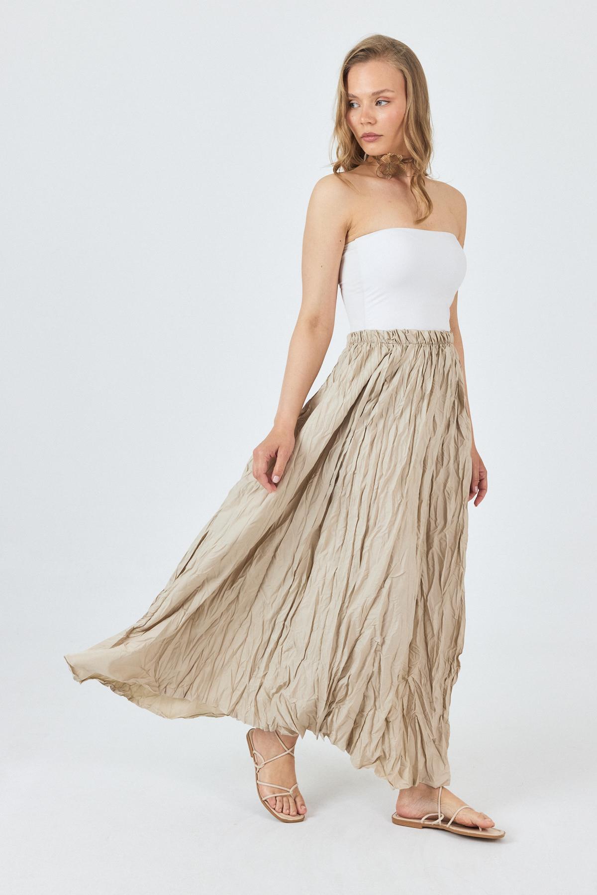 Bej Bel Lastikli Kırışık Kumaş Etek 3483 - 6