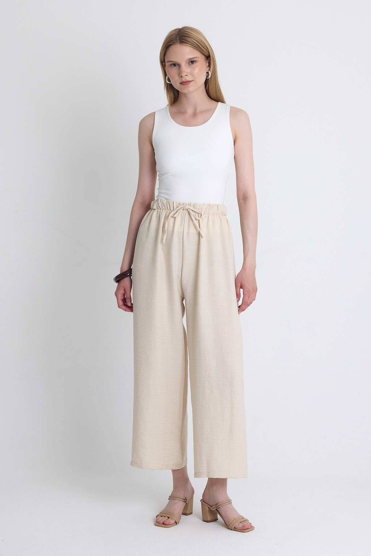 Bej Bel Lastikli Pamuklu Örme Pantolon 8045A 