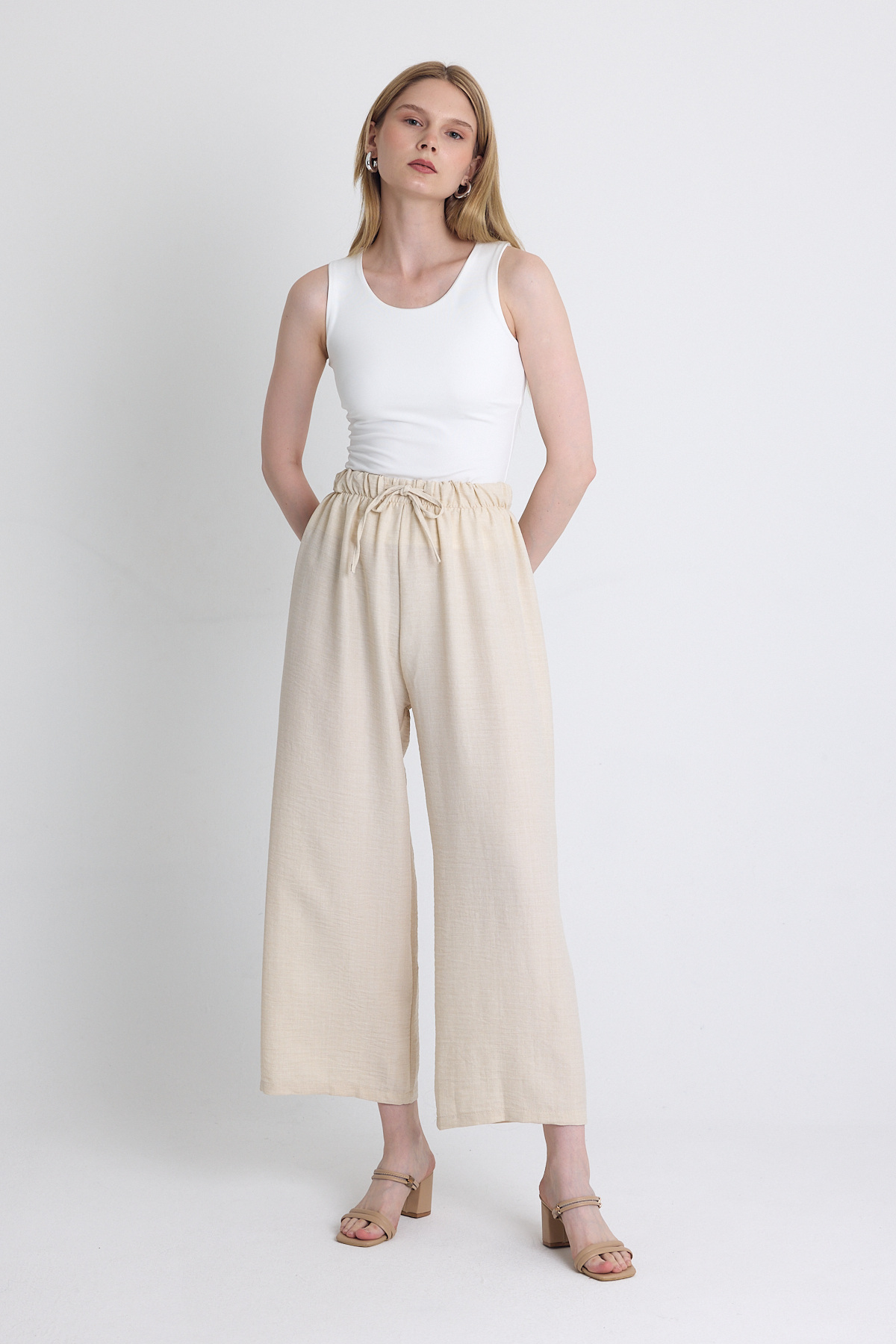 Bej Bel Lastikli Pamuklu Örme Pantolon 8045A - 3