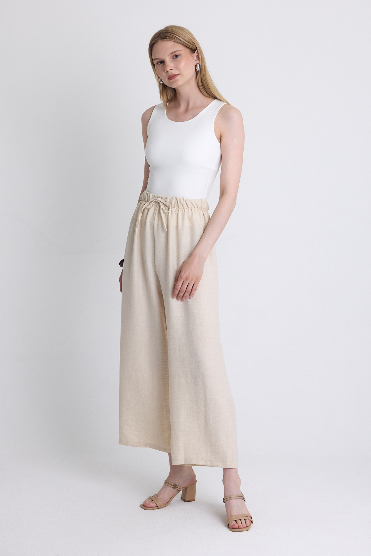 Bej Bel Lastikli Pamuklu Örme Pantolon 8045A - 2