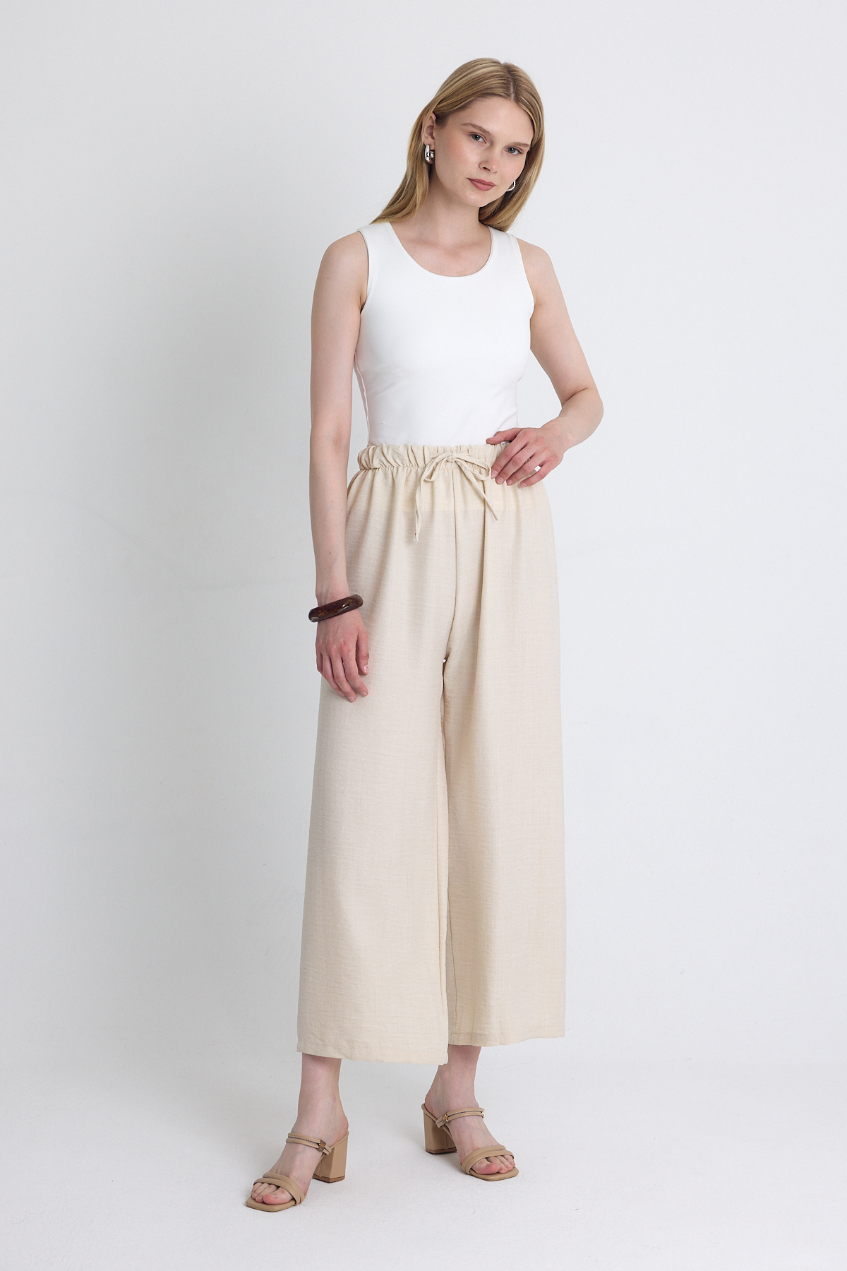 Bej Bel Lastikli Pamuklu Örme Pantolon 8045A - 6