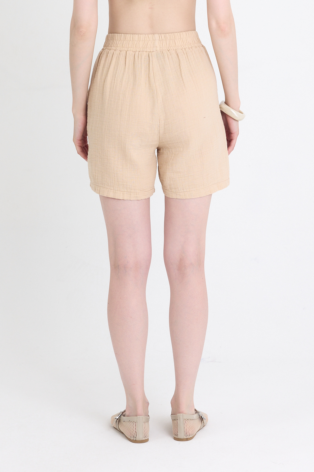 Bej Beli Lastikli %100 Pamuk Müslin Şort 4769A - 5