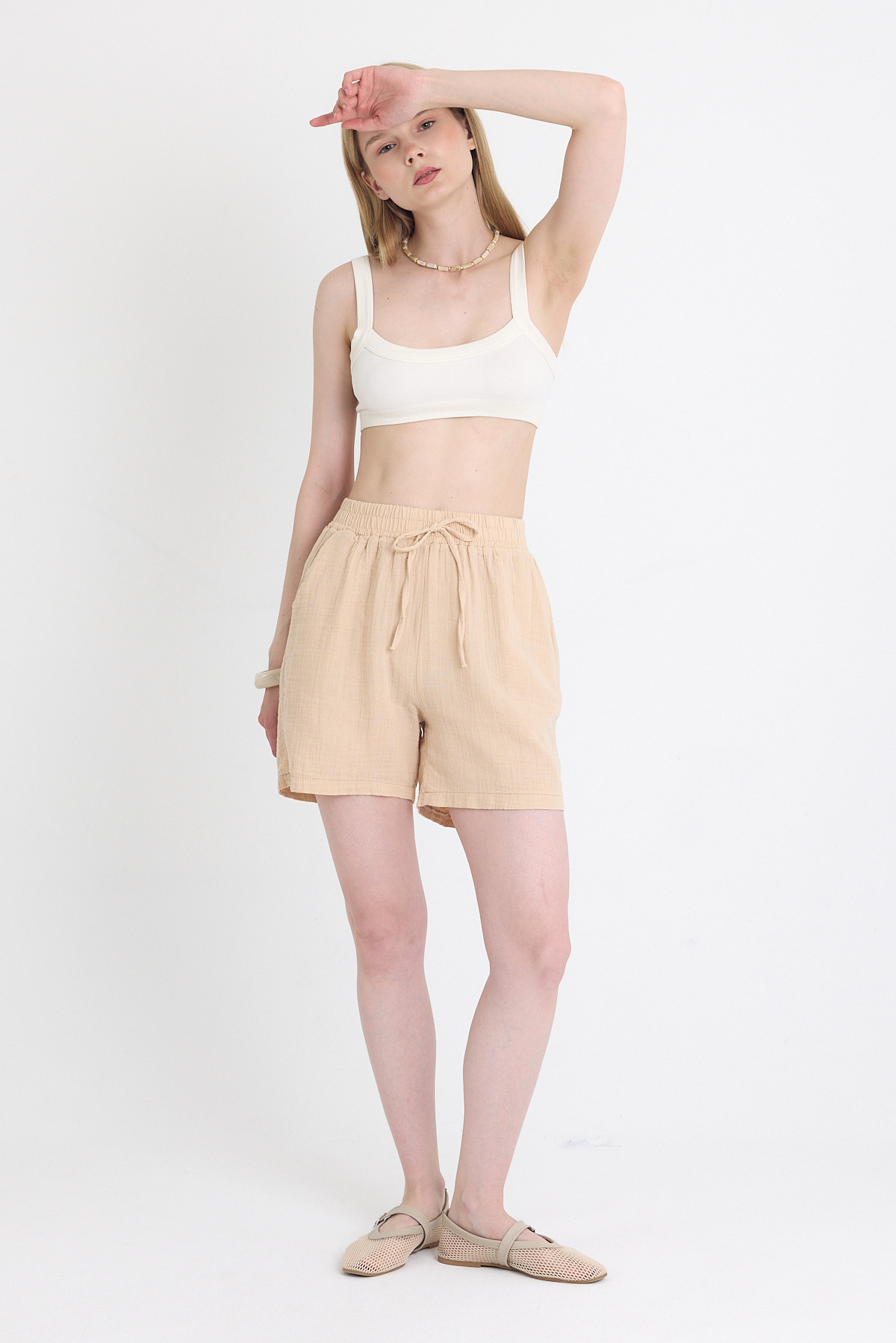 Bej Beli Lastikli %100 Pamuk Müslin Şort 4769A - RAYS