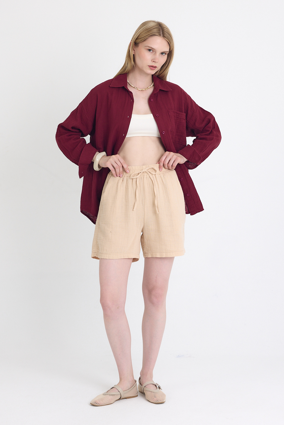 Bej Beli Lastikli %100 Pamuk Müslin Şort 4769A - 1
