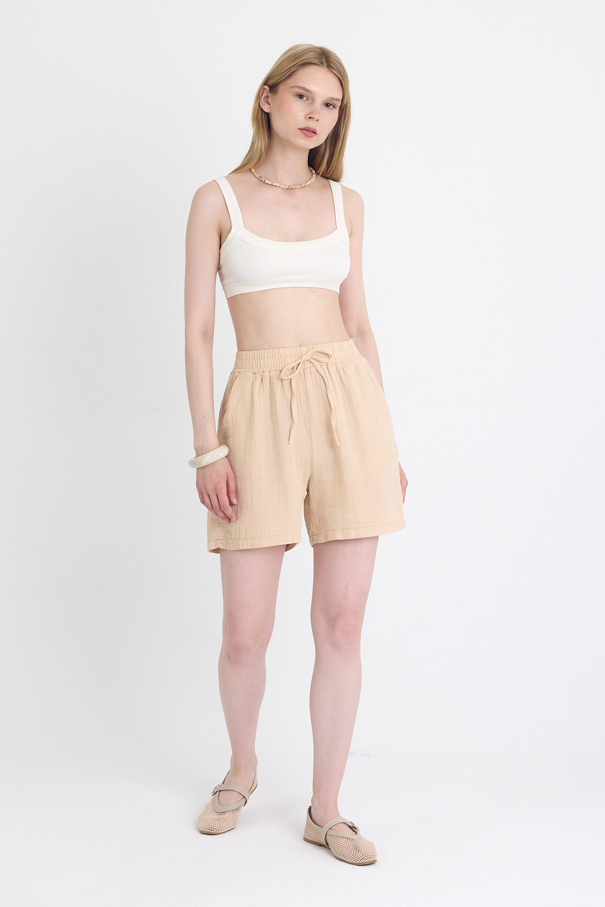 Bej Beli Lastikli %100 Pamuk Müslin Şort 4769A - 2
