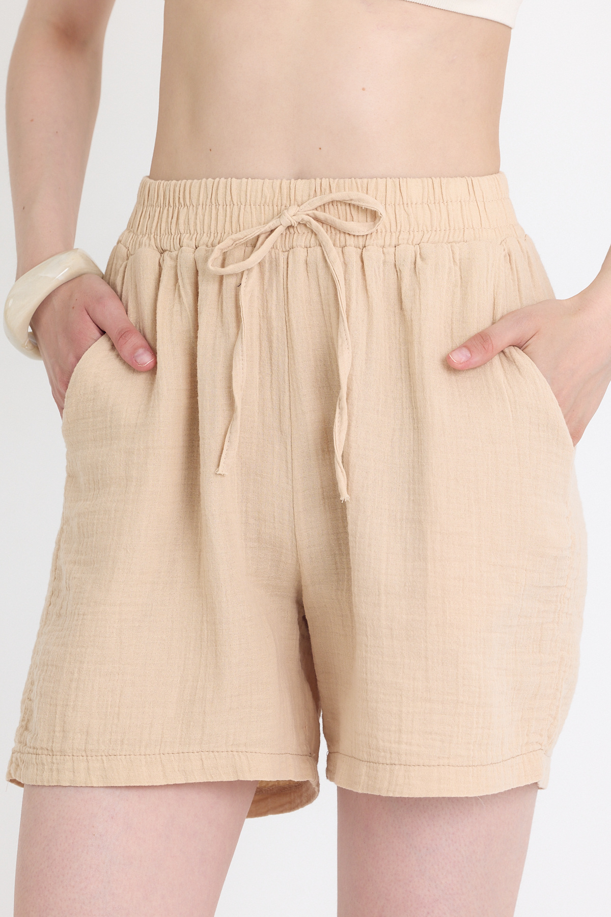 Bej Beli Lastikli %100 Pamuk Müslin Şort 4769A - 4
