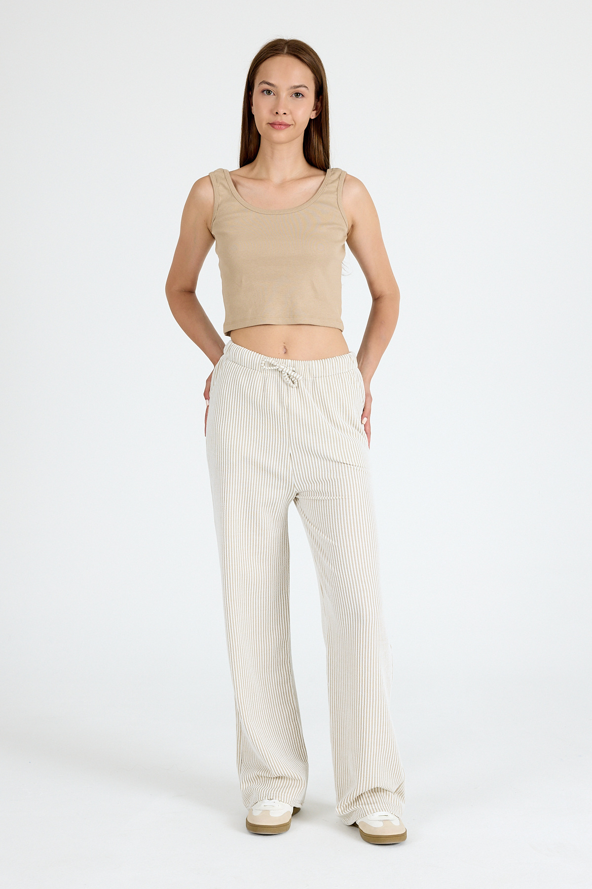 Bej Beli Lastikli Çizgili Geniş Paça Dokuma Pantolon 4098 