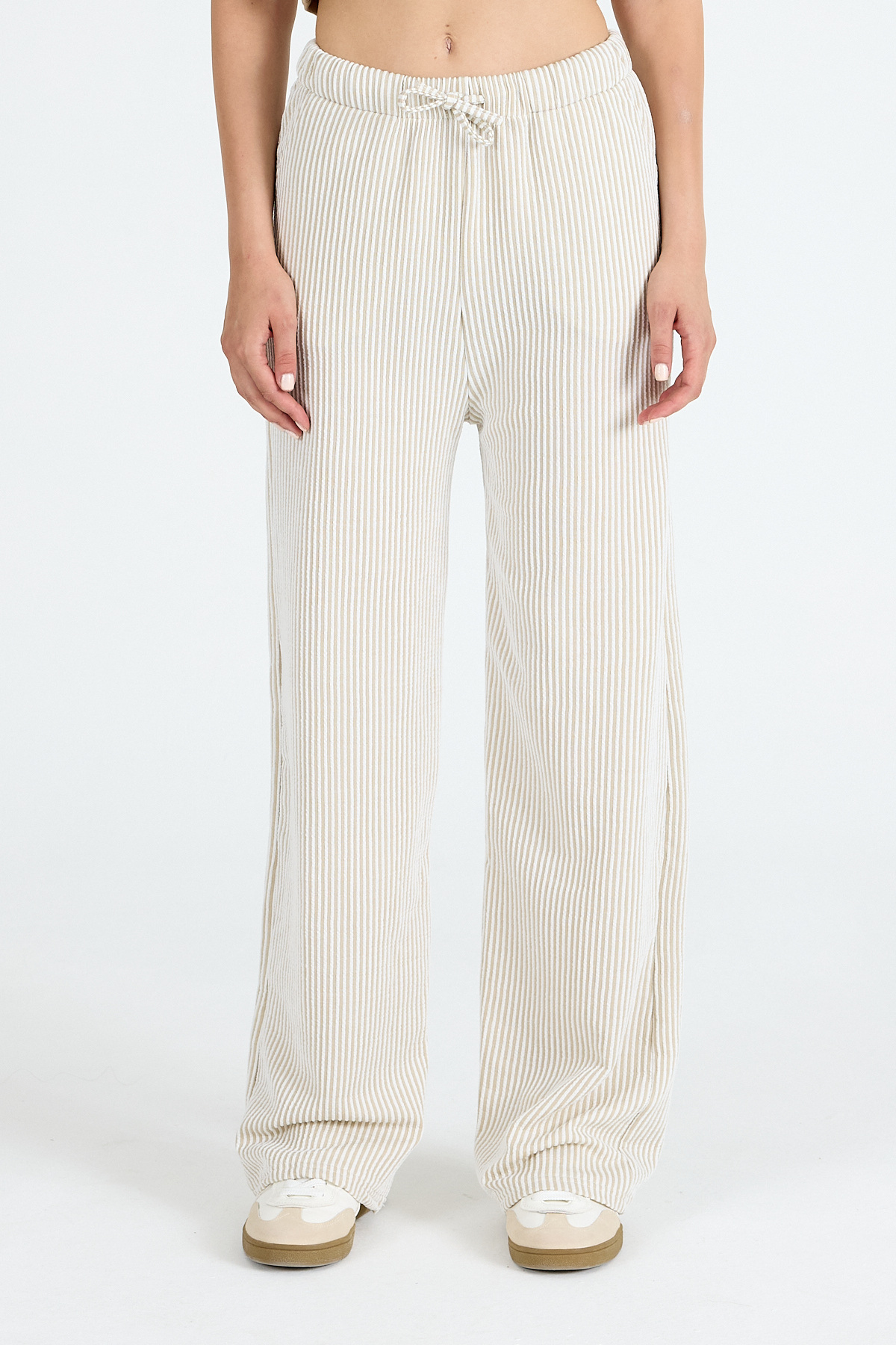 Bej Beli Lastikli Çizgili Geniş Paça Dokuma Pantolon 4098 - RAYS