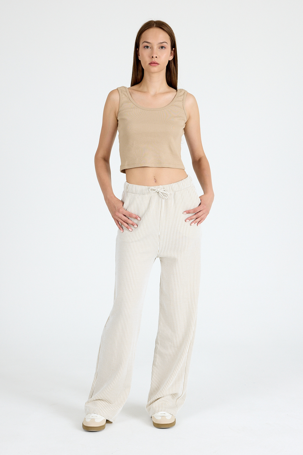 Bej Beli Lastikli Çizgili Geniş Paça Dokuma Pantolon 4098 - 6