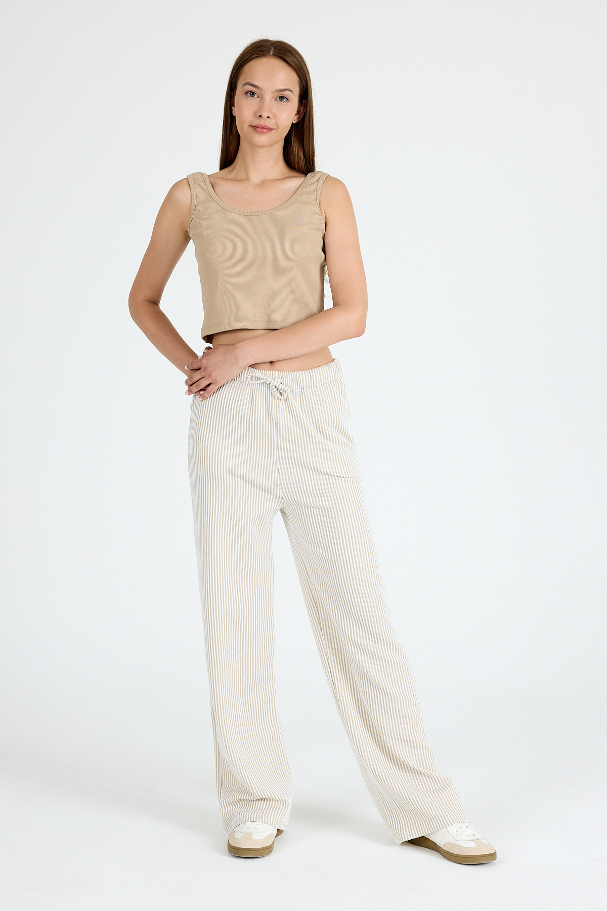 Bej Beli Lastikli Çizgili Geniş Paça Dokuma Pantolon 4098 - 7