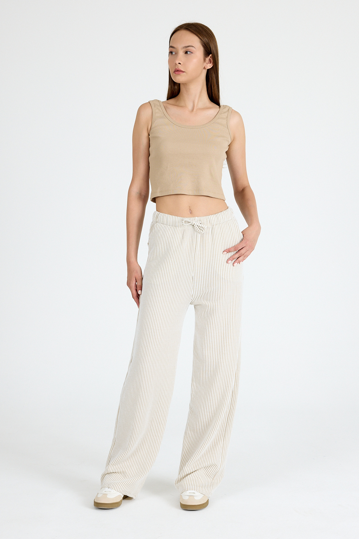 Bej Beli Lastikli Çizgili Geniş Paça Dokuma Pantolon 4098 - 2