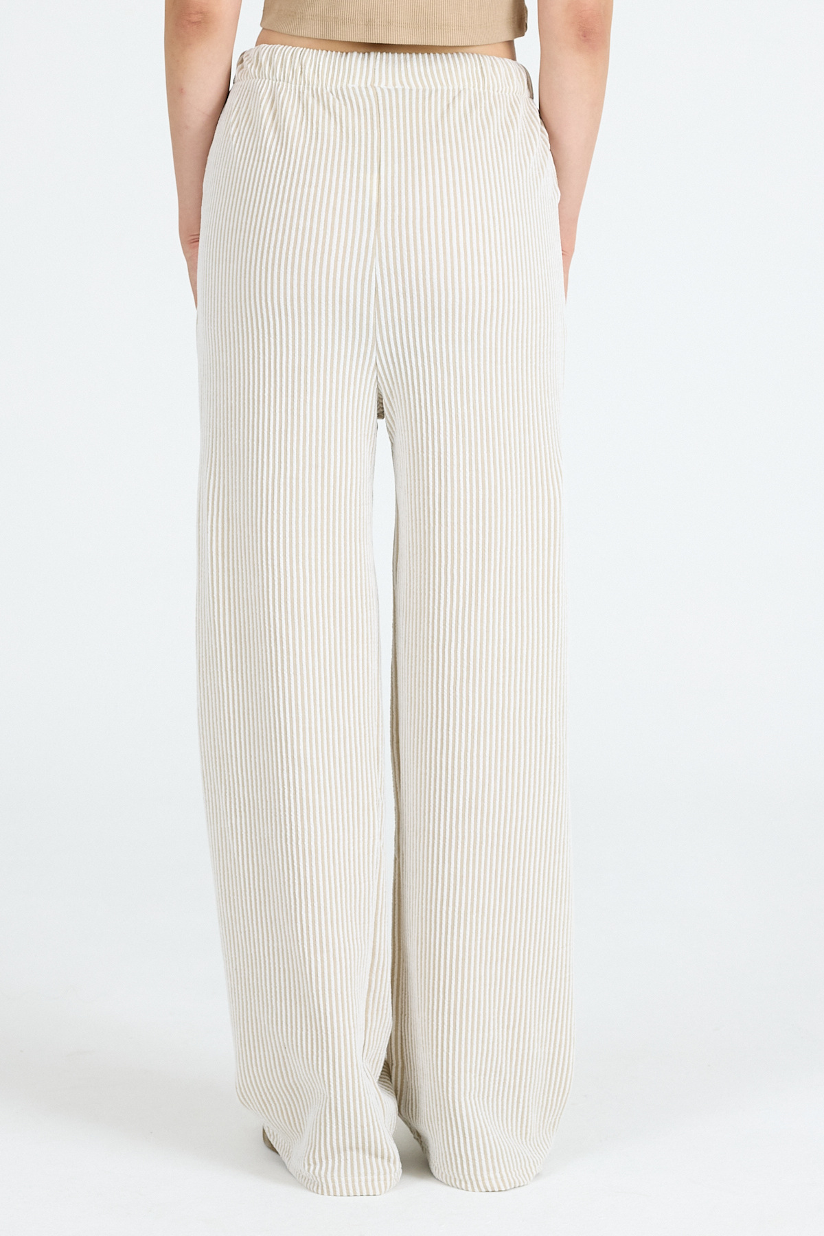 Bej Beli Lastikli Çizgili Geniş Paça Dokuma Pantolon 4098 - 5