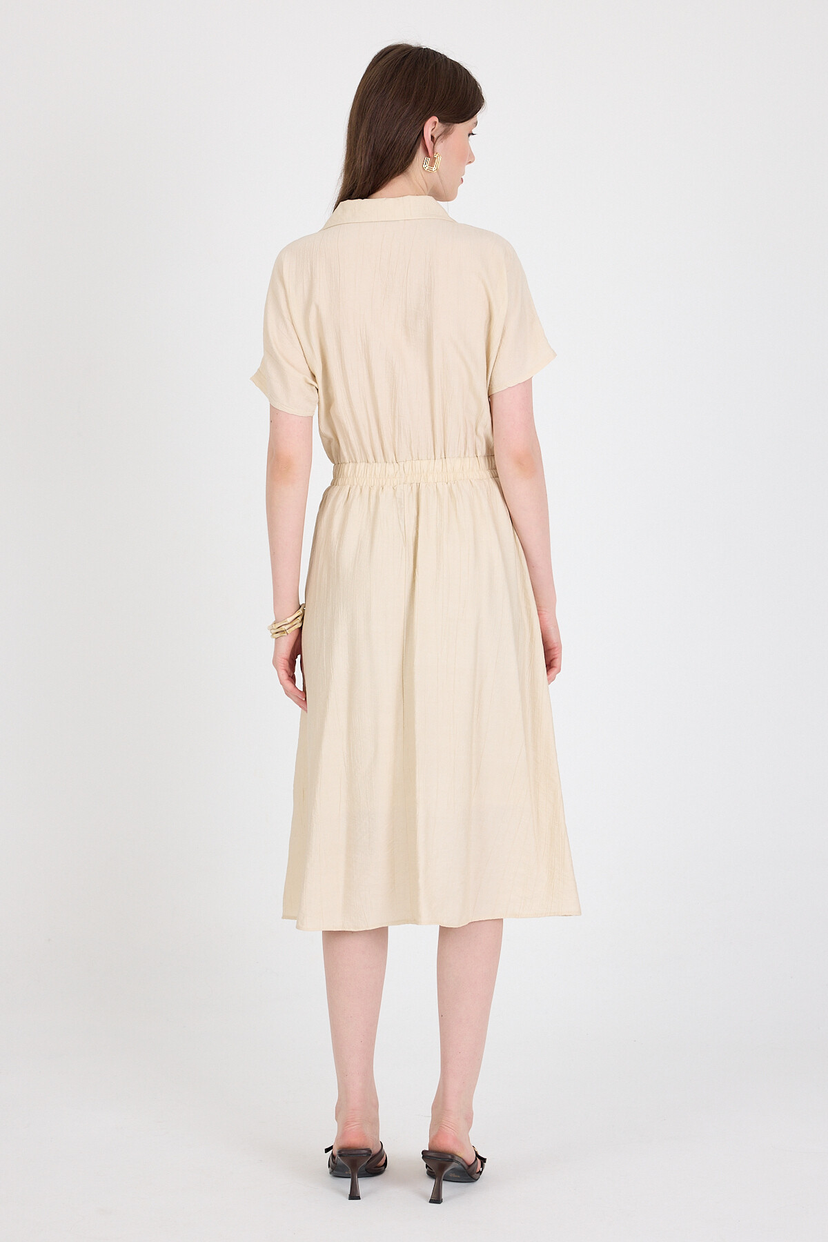 Bej Beli Lastikli Gömlek Yaka Kısa Kol Midi Elbise 4475A - 5