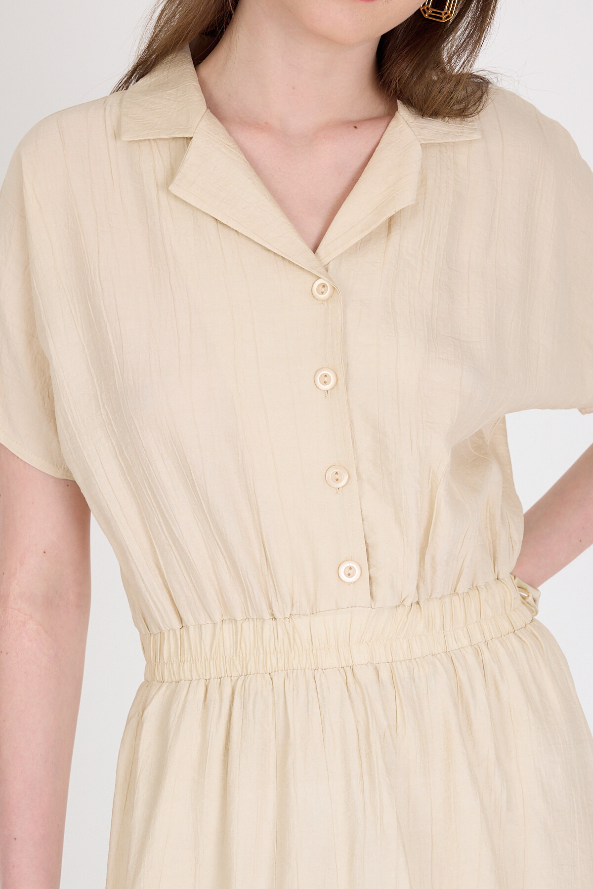 Bej Beli Lastikli Gömlek Yaka Kısa Kol Midi Elbise 4475A - 4