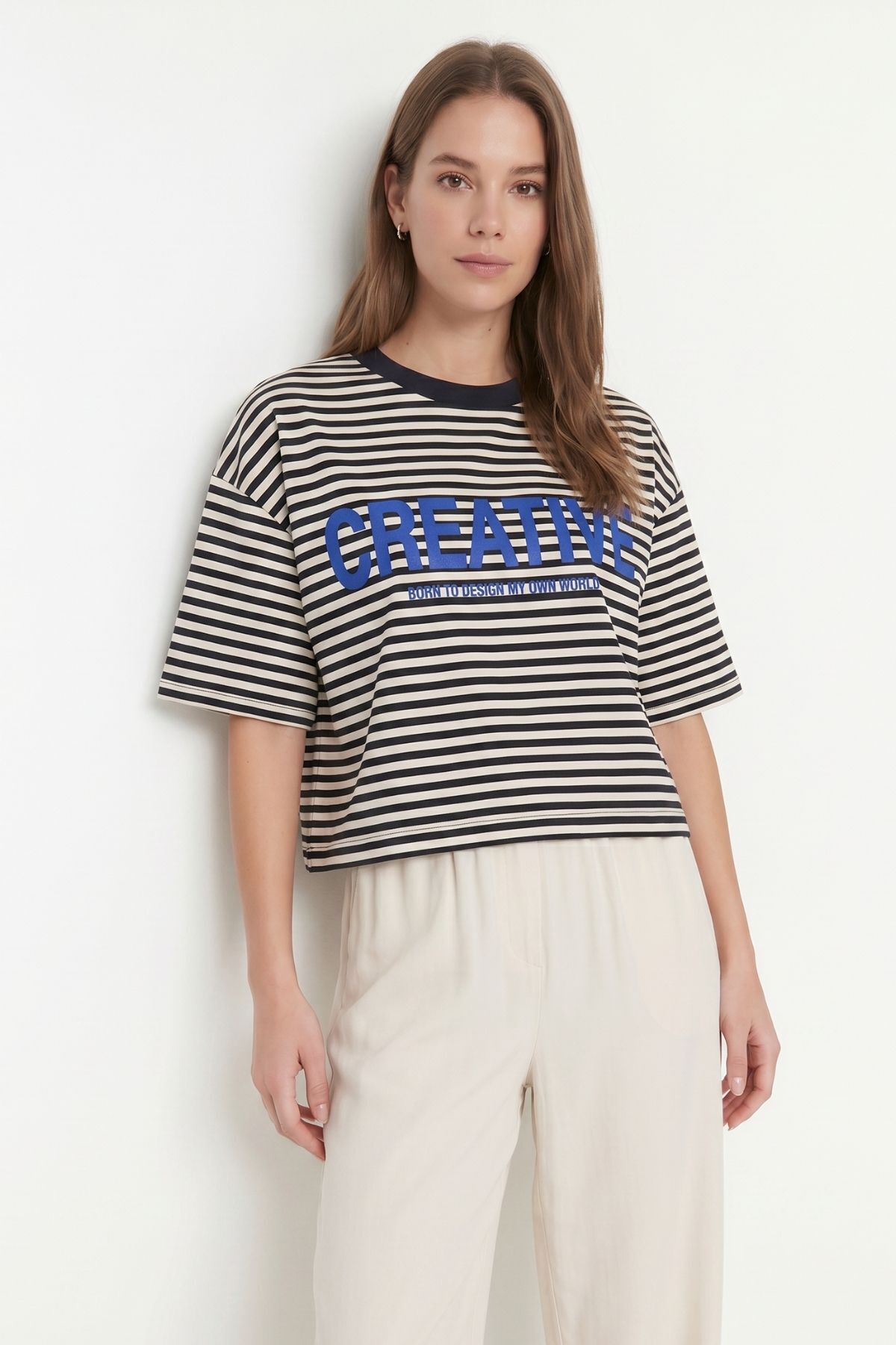 Bej Bisiklet Yaka Kısa Kol Çizgili Crop Tişört 8325 - 1
