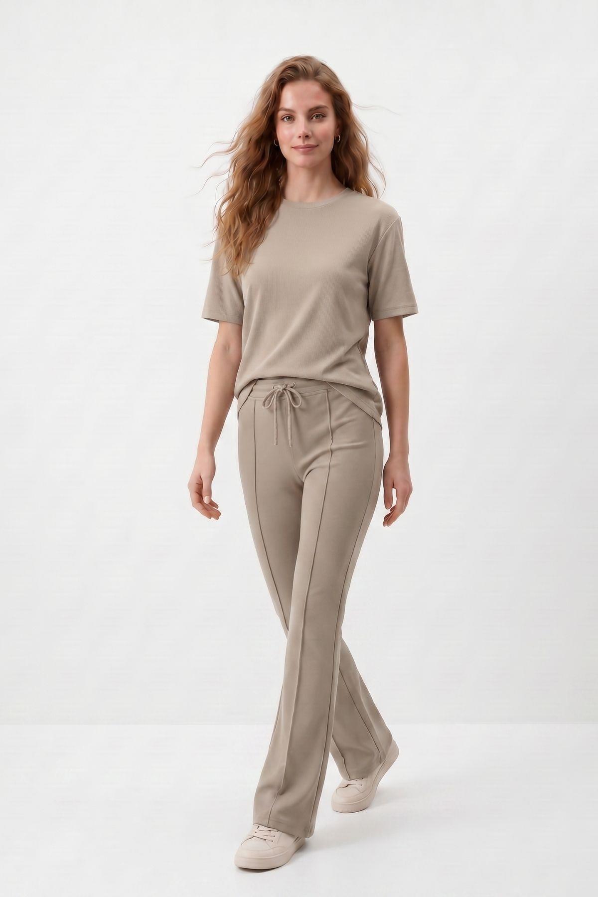 Bej Bisiklet Yaka Tişört Pantolon Takım 8454A - RAYS