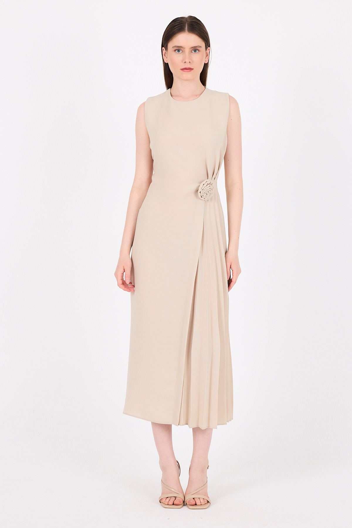 Bej Çiçek Detaylı Pliseli Midi Abiye Elbise 251671 - 3