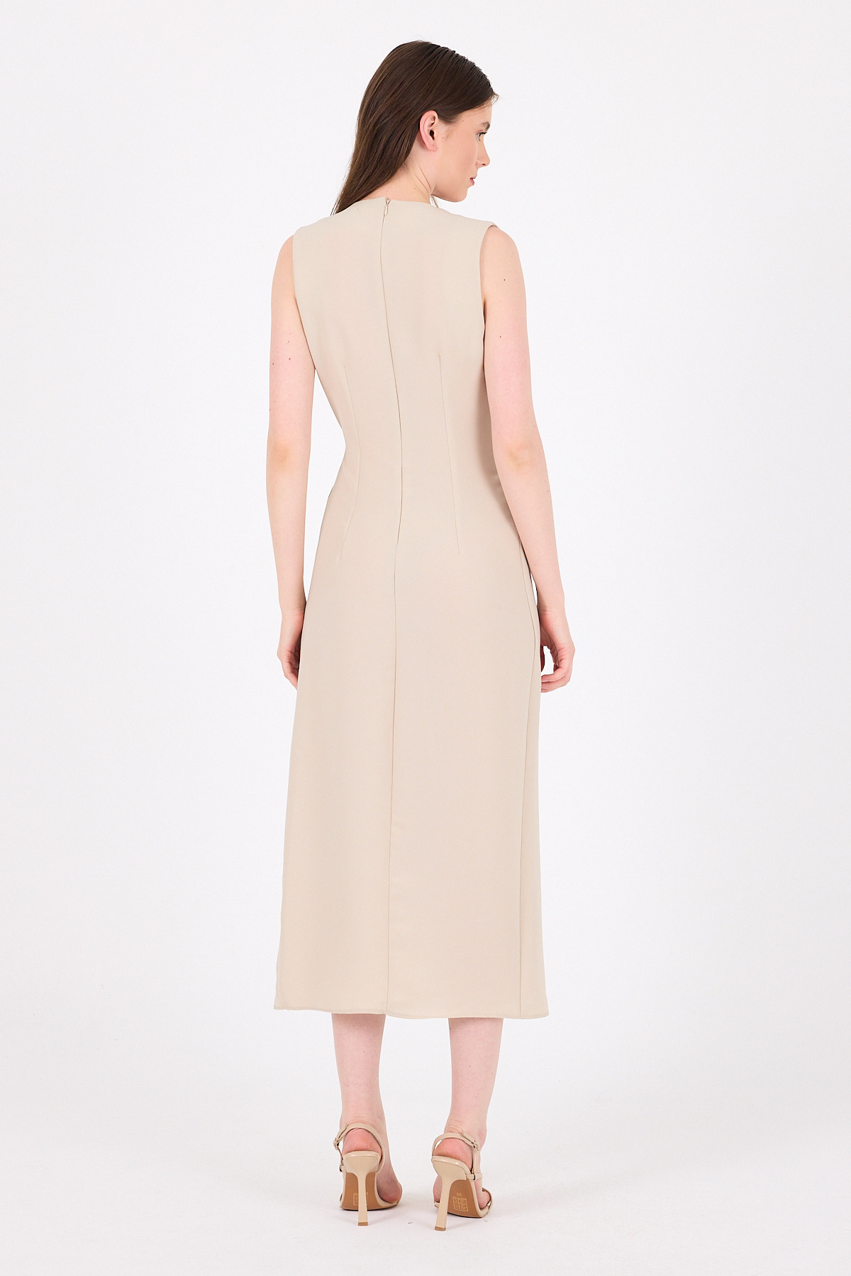 Bej Çiçek Detaylı Pliseli Midi Abiye Elbise 251671 - 5