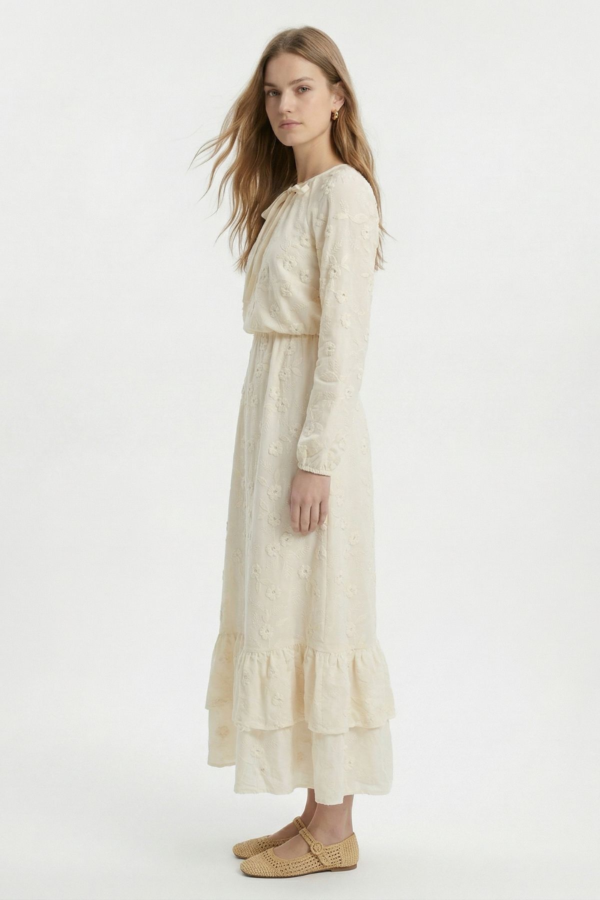 Bej Çiçek Nakışlı Bağcıklı Elbise 2377 - 3