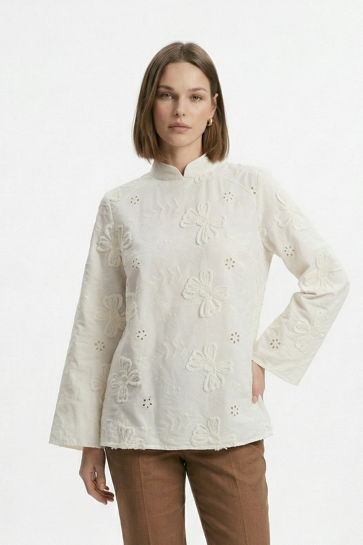 Bej Çiçek Nakışlı Bel Bağlamalı Bluz 5486 