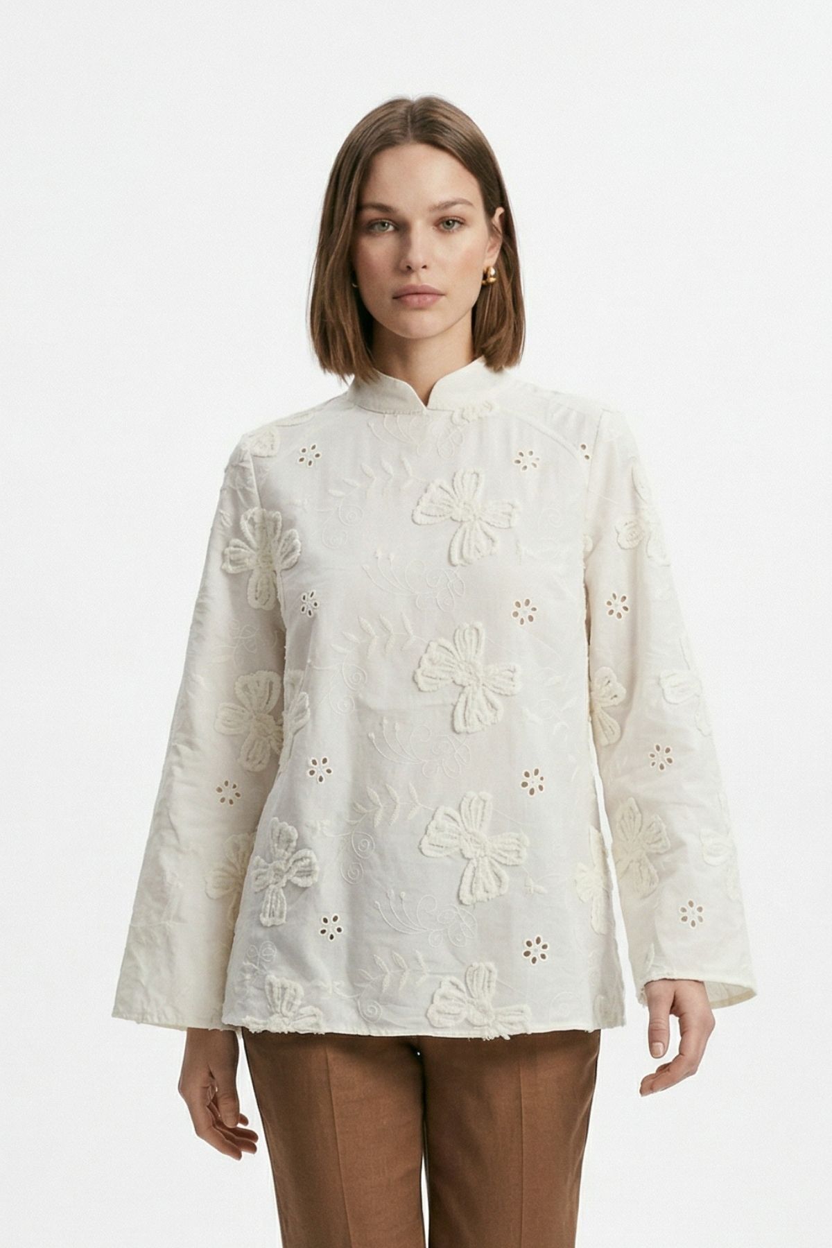 Bej Çiçek Nakışlı Bel Bağlamalı Bluz 5486 - 2