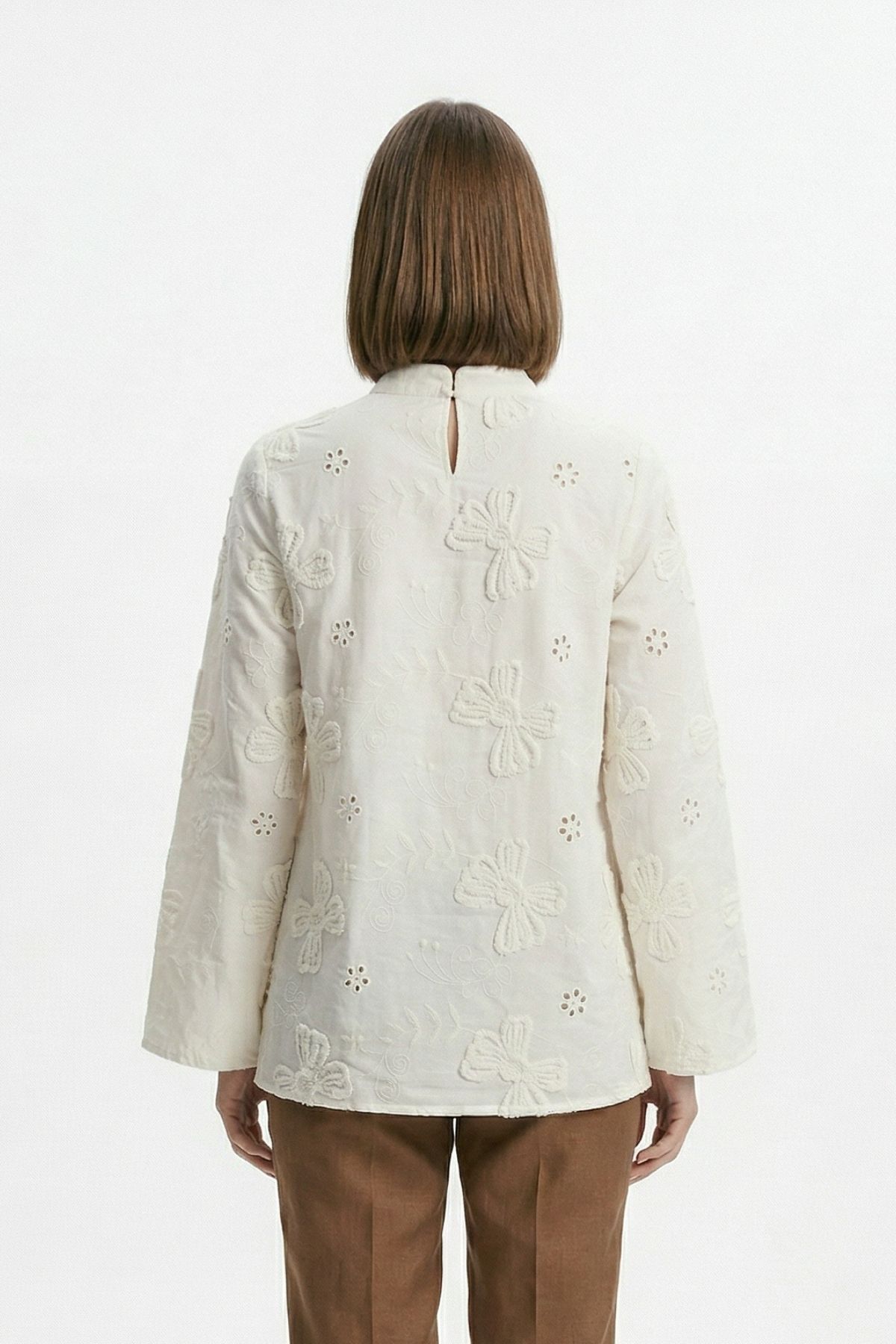 Bej Çiçek Nakışlı Bel Bağlamalı Bluz 5486 - 3