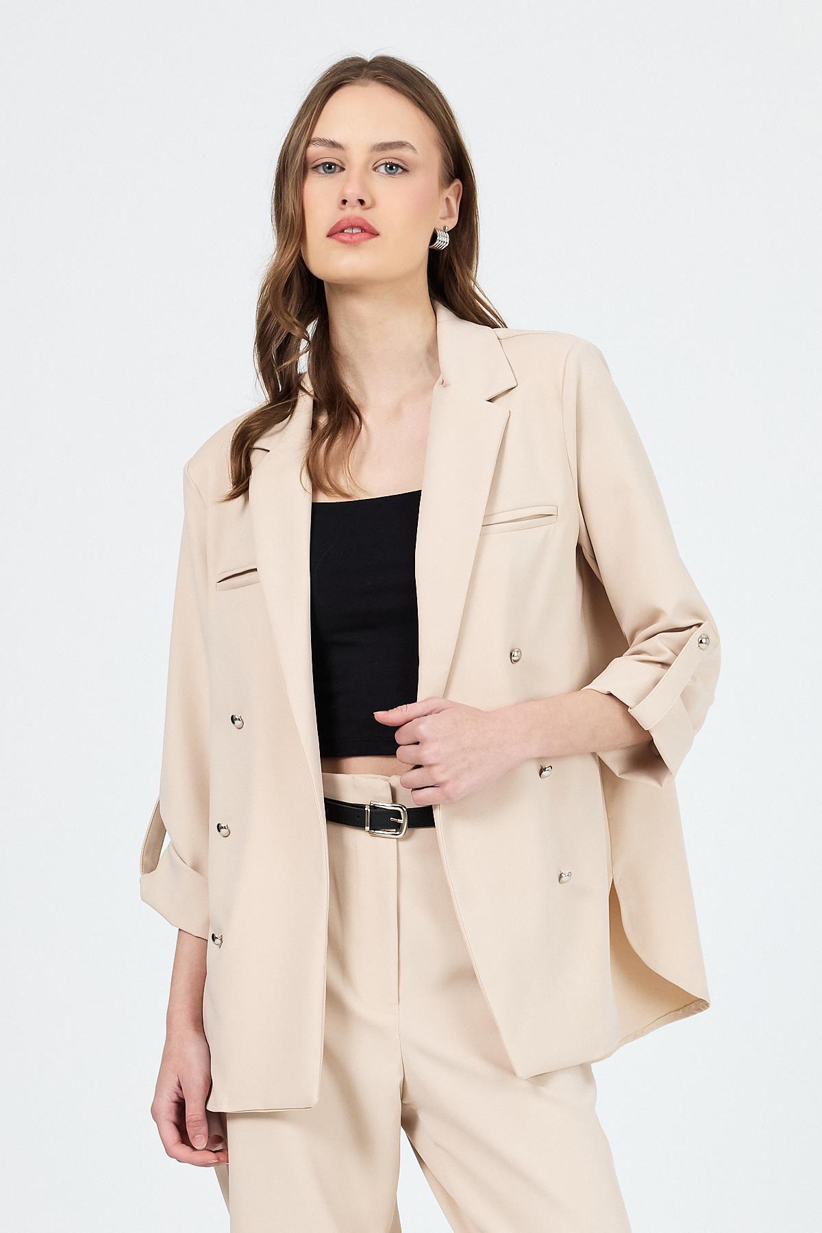 Bej Çift Düğmeli Kemerli Takım 6670A - 4