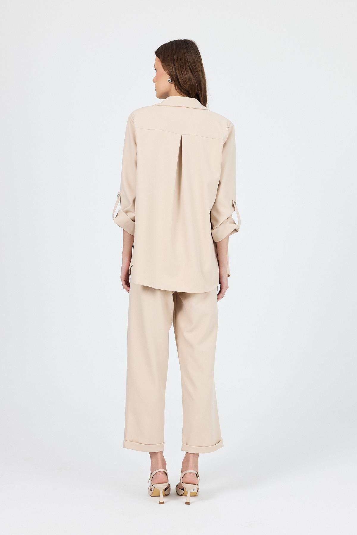 Bej Çift Düğmeli Kemerli Takım 6670A - 5