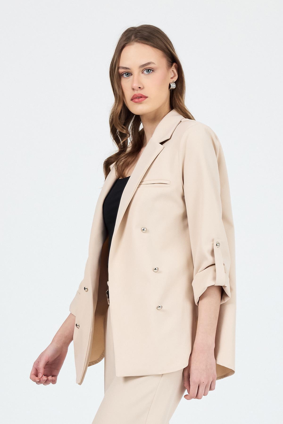 Bej Çift Düğmeli Kemerli Takım 6670A - 6