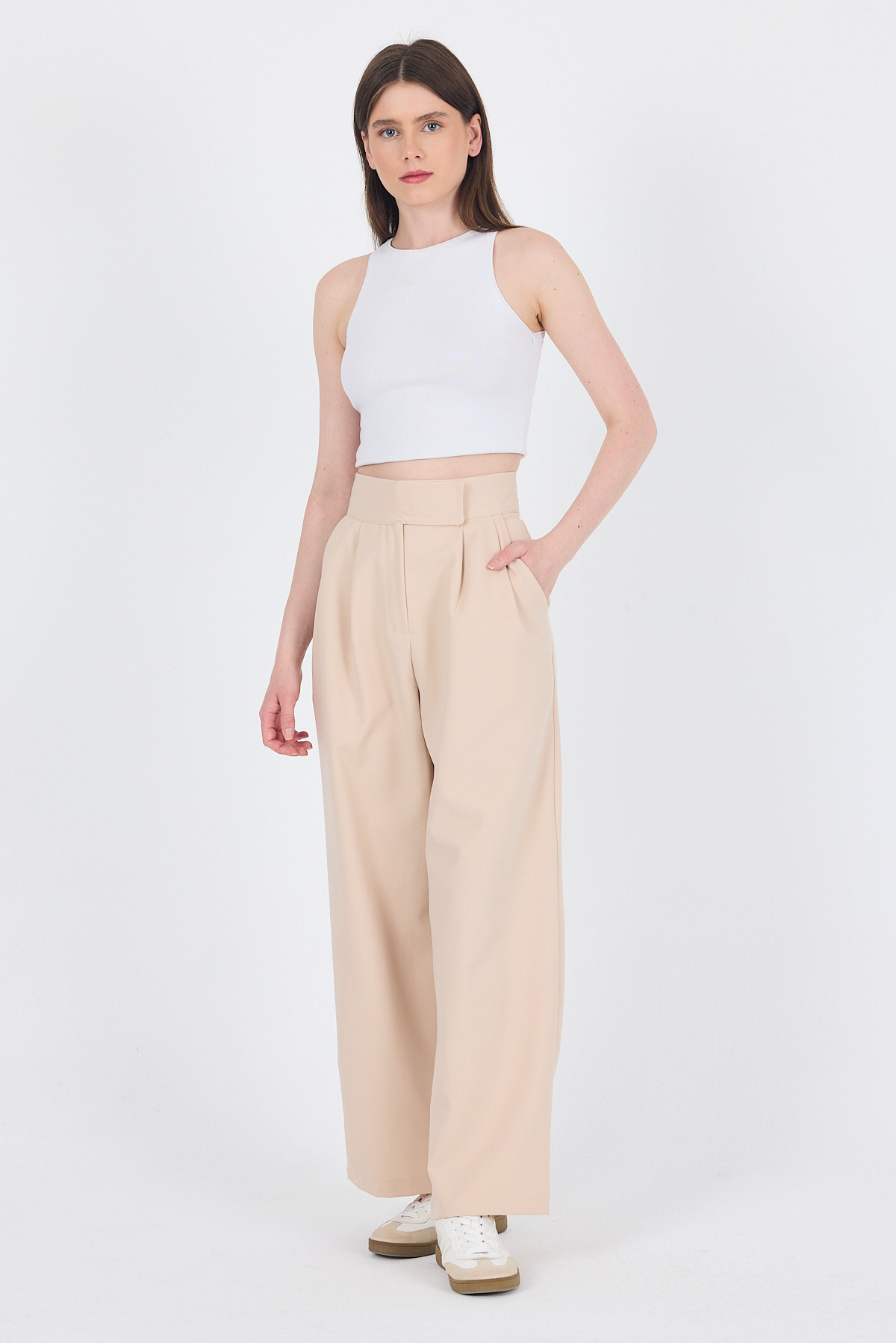 Bej Cırt Kapama Detaylı Palazzo Pantolon 1615 - RAYS
