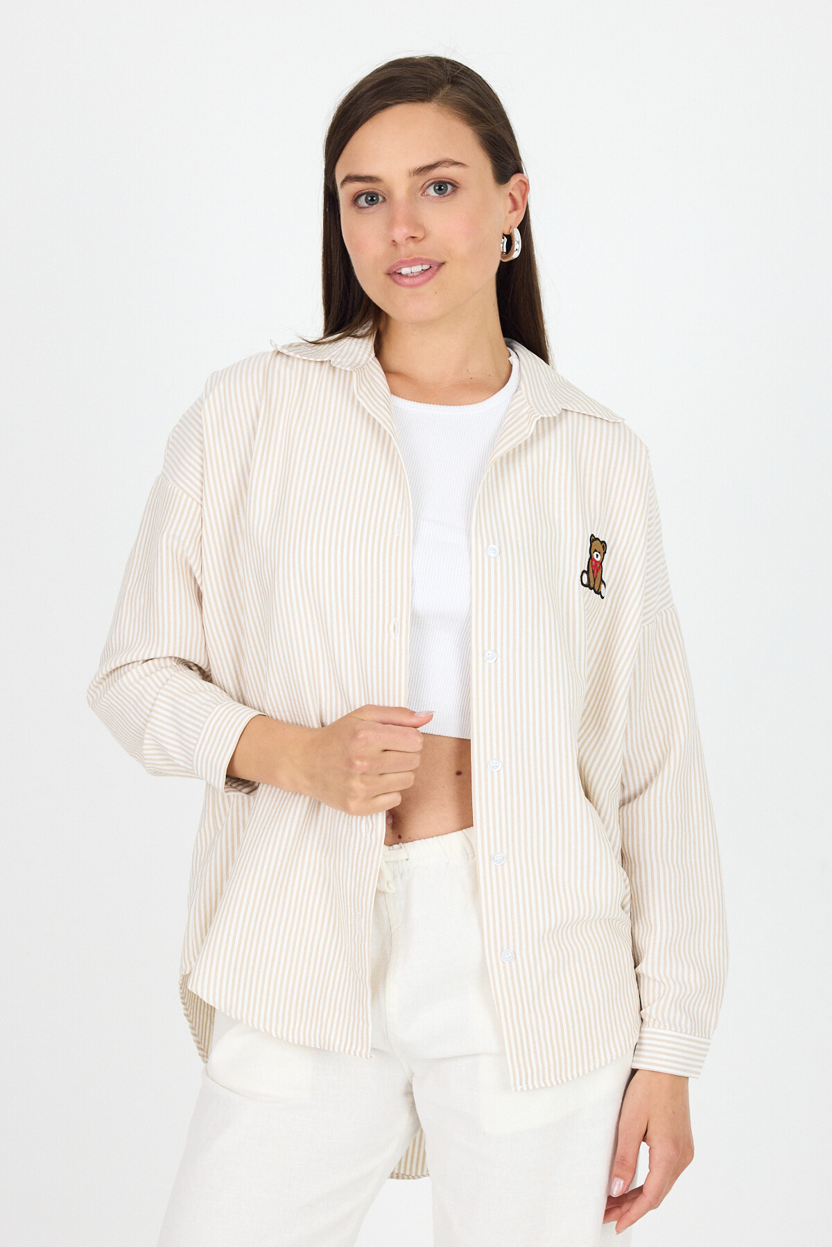 Bej Çizgili Ayıcık Nakışlı Pamuklu Oversize Gömlek 4689A 