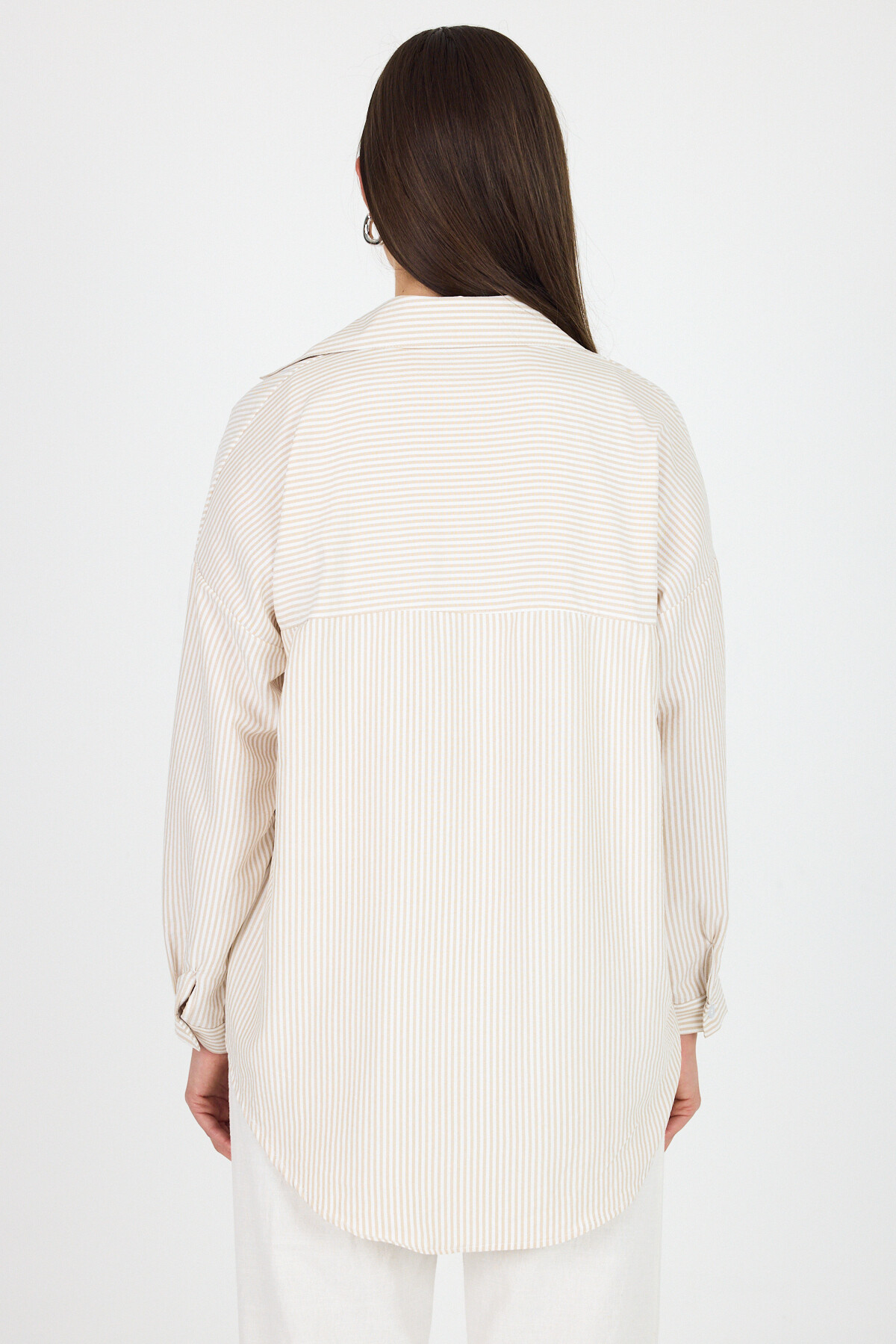 Bej Çizgili Ayıcık Nakışlı Pamuklu Oversize Gömlek 4689A - 6