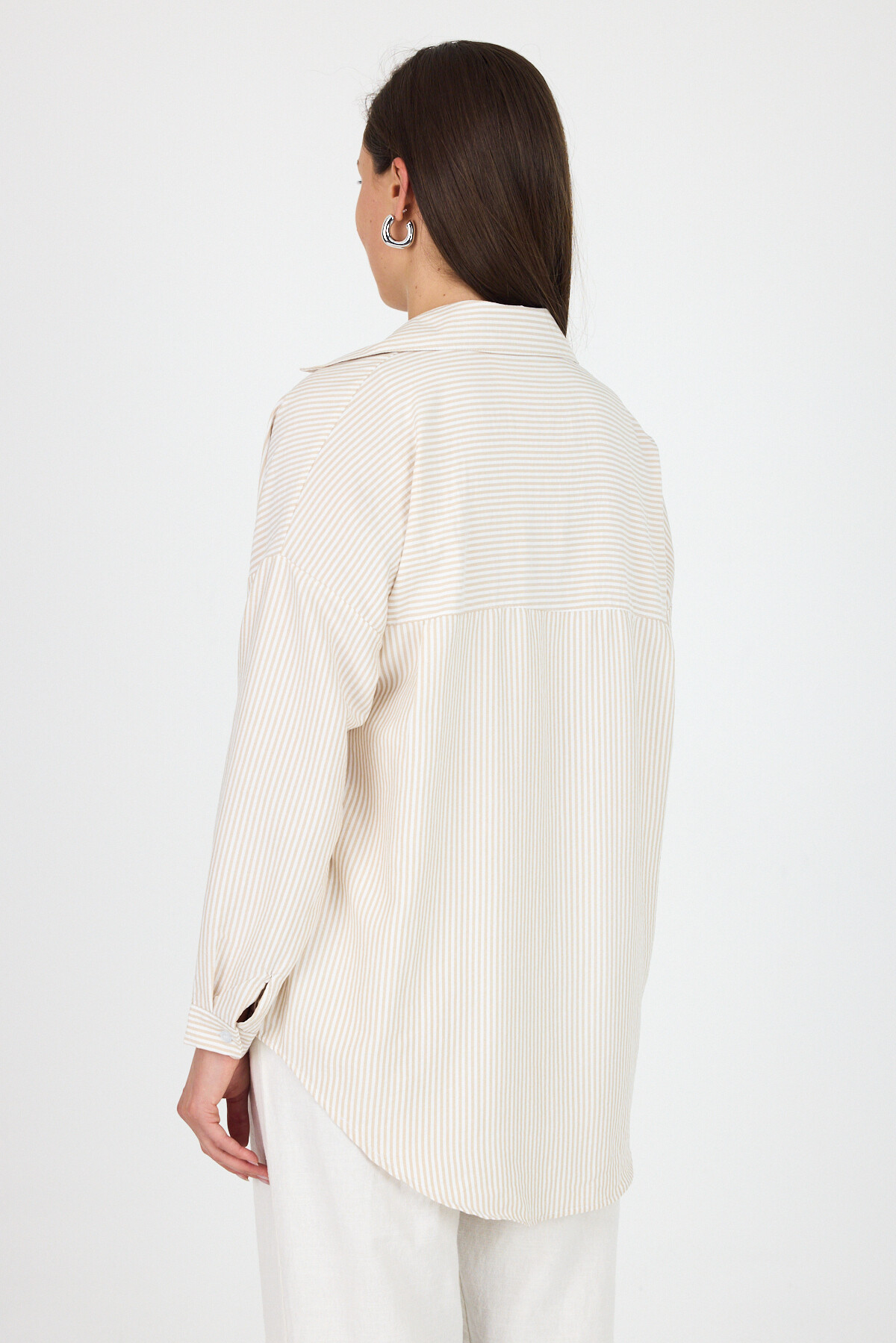 Bej Çizgili Ayıcık Nakışlı Pamuklu Oversize Gömlek 4689A - 5